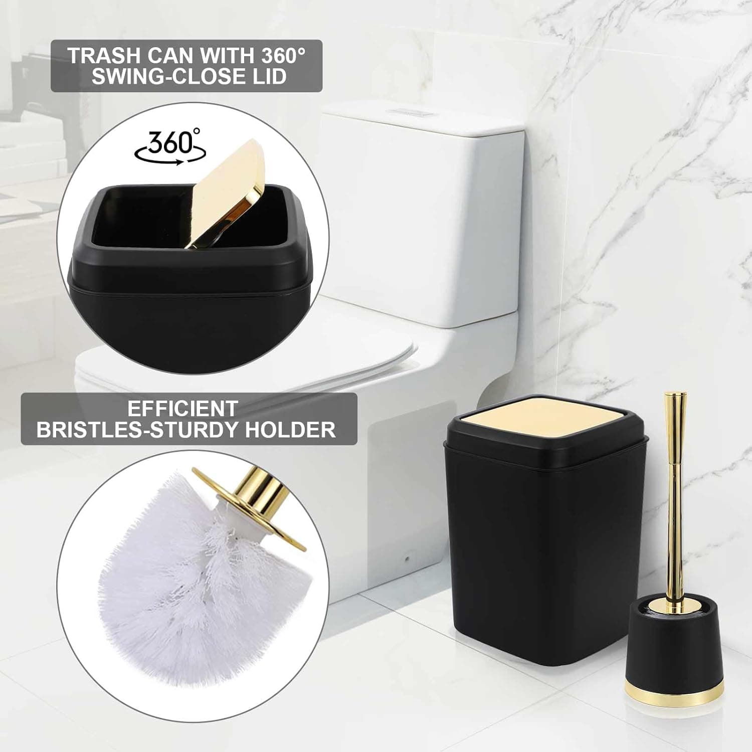 25PCS Black Bathroom Accessories Sets Complete, with Shower Curtain, Rugs, Trash Can and Toilet Brush, Soap Dispenser, Toothbrush Holder and Cup, Soap Dish, Qtip Holder, Bathroom Decor Sets Black Bathroom Set Complete-Gold - Image 5
