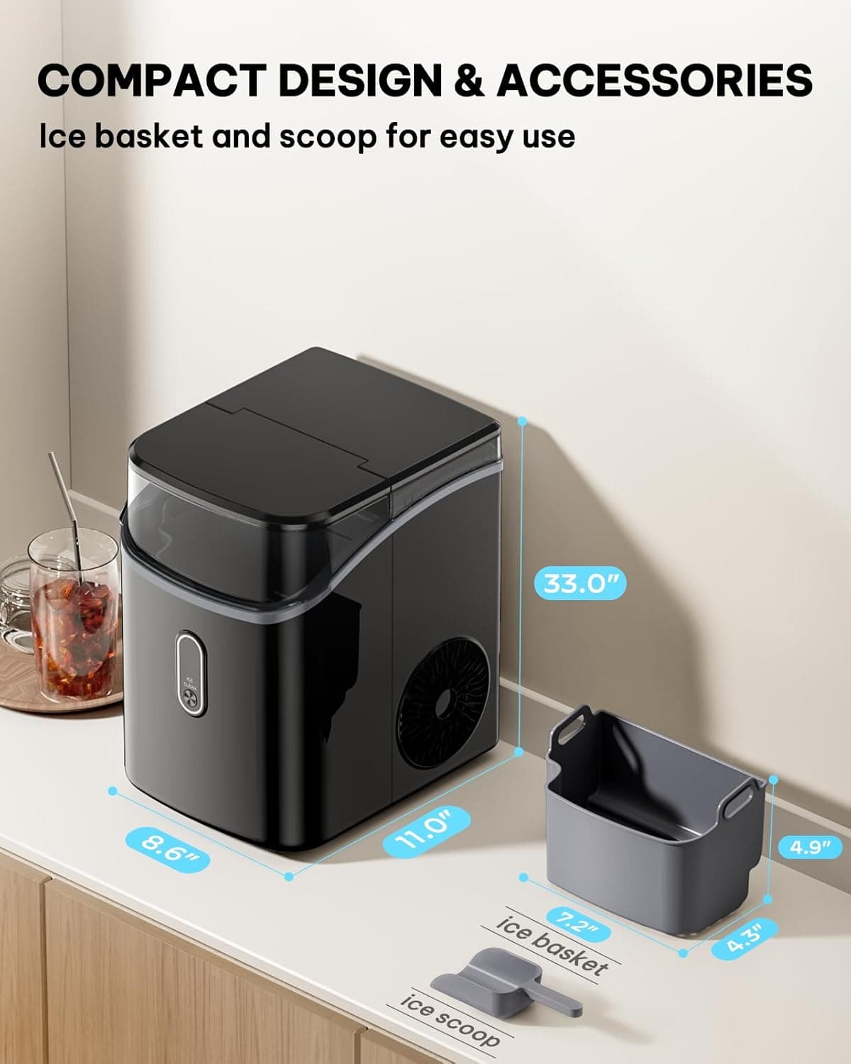 Silonn Nugget Ice Maker Countertop, Pebble Ice Makers with Crushed Soft Chewable Ice, 33lbs Per Day with Scoop, Pellet Portable Ice Machines with Auto-Cleaning for Home, Kitchen, Office, Black Gloss black 33lbs - Image 6