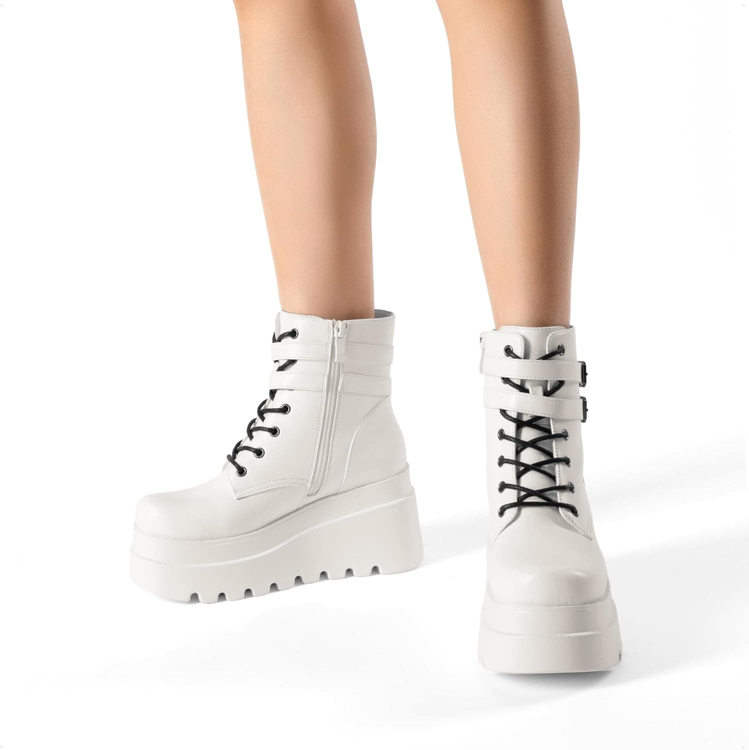 DREAM PAIRS Women Platform Combat Ankle Boots Goth Chunky High Heel Lace Up Motorcycle Booties 9 White - Image 8