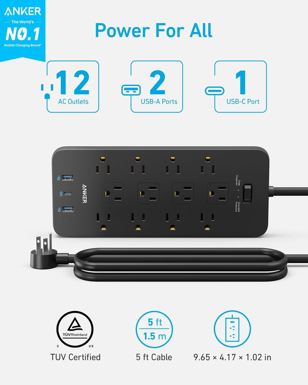 Anker Power Strip with 2100J Surge Protector, Outlet Extender, 5ft Extension Cord with Multiple Outlets, 12 AC, 2 USB A,1 USB C Port for 20W, Home Office, Dorm Room Essentials, TUV Listed 5 FT Black - Image 2