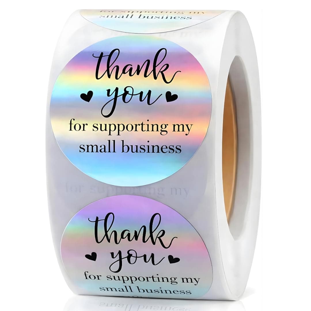 500 PCS Holographic Thank You for Supporting My Small Business Stickers – 1.5 Inch Round Self-Adhesive Waterproof Labels – Eye-Catching Packaging Seals for Orders, Gift Bags, Boxes & Envelopes