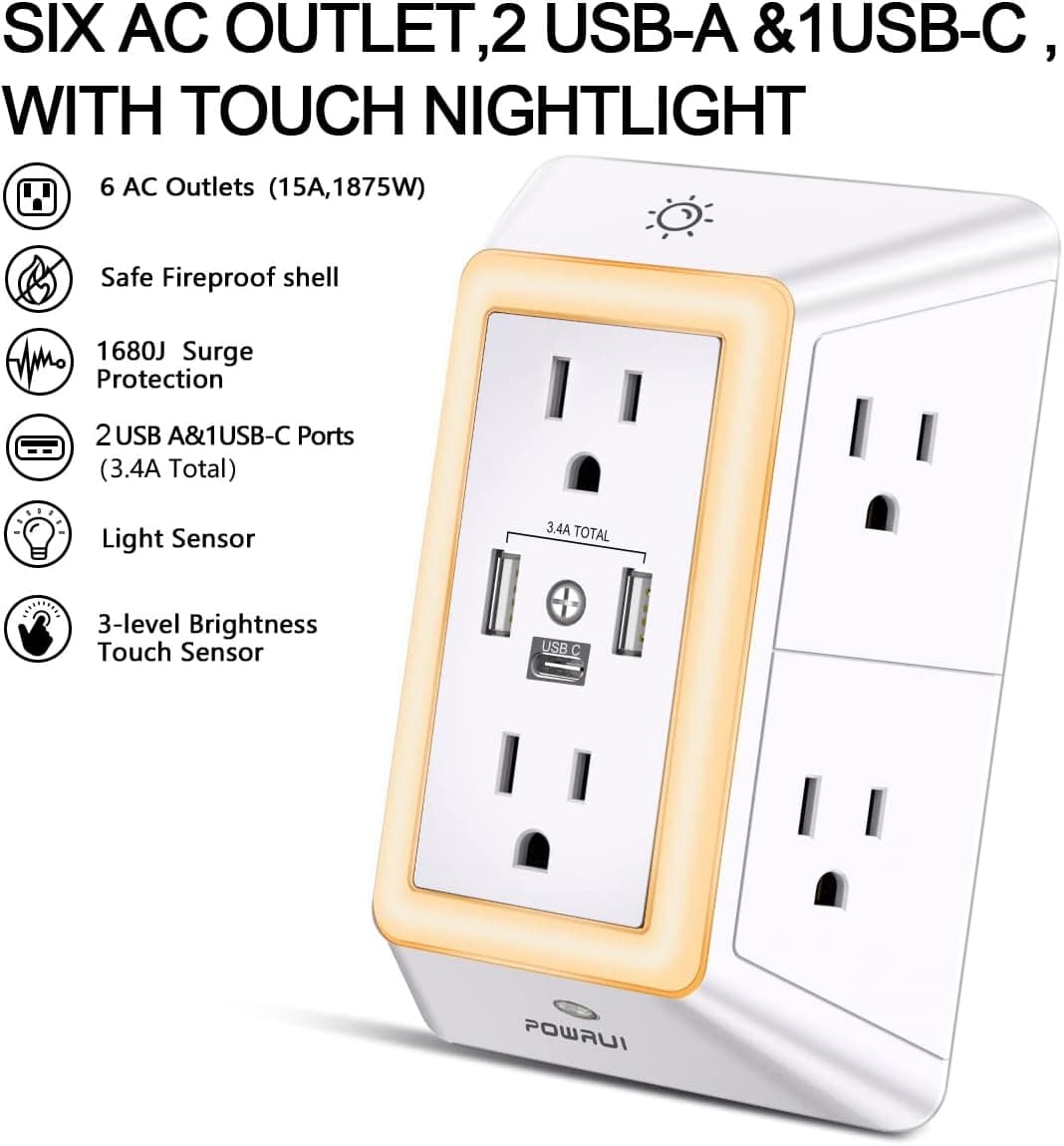 POWRUI Multi Plug 6 Outlet Surge Protector Extender with 3 USB Ports (1 USB C) and Night Light, 3-Sided Power Strip with Adapter Spaced Outlets, ETL Listed, White 2U1C White - Image 3