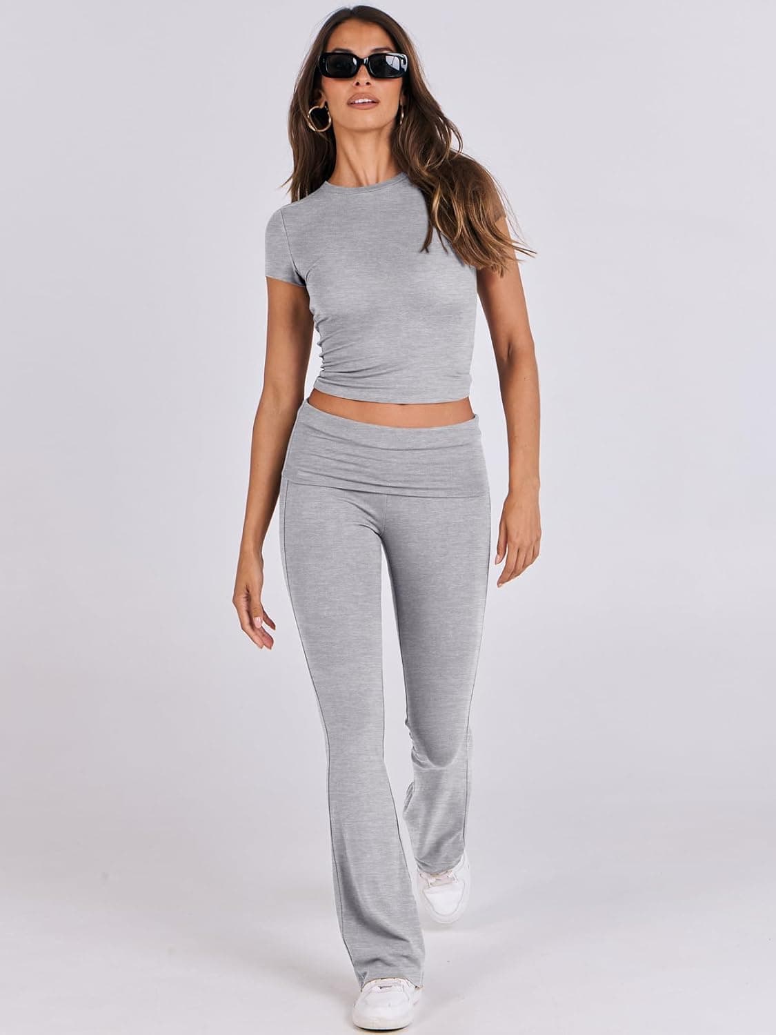 ANRABESS Lounge Sets for Women 2 Piece Foldover Yoga Flare Leggings Pants Crop Tops Casual Y2K Outfits Matching Tracksuit Set Medium Grey - Image 10