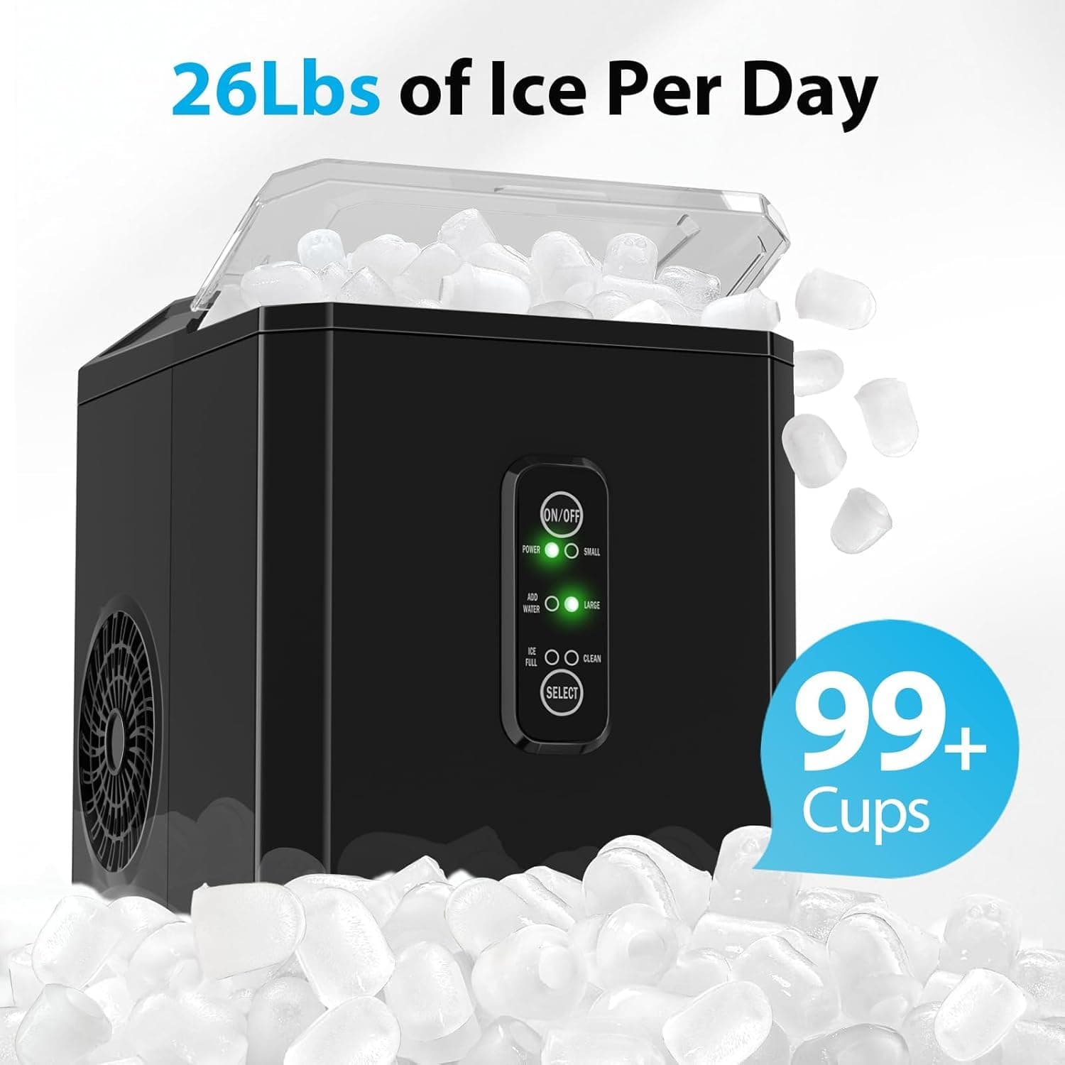 Aeitto Ice Makers Countertop, 9 Ice Cubes Release in 6 Mins, 26Lbs/24H, 2 Sizes of Bullet Ice Machine,Self-Cleaning Portable Ice Maker with Ice Scoop and Basket for Home Kitchen Office Bar RV, Black - Image 3