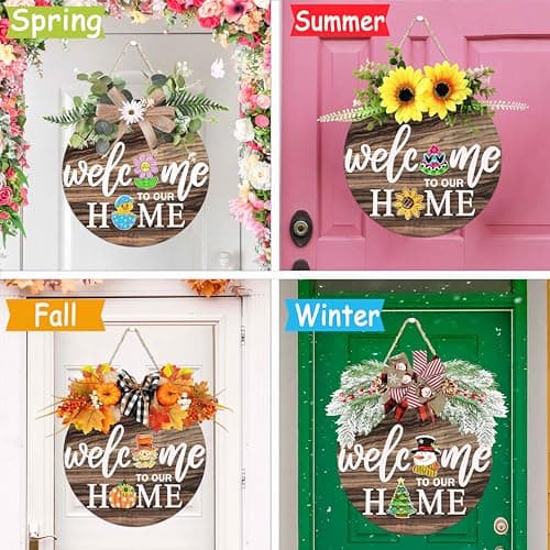 Interchangeable Welcome Sign for Front Door with 4 Seasonal Wreaths and 21 Changeable Icons, Farmhouse Rustic Outdoor Welcome Signs Porch, Holiday Spring Summer Winter Fall Decorations for Home Gifts - Image 2