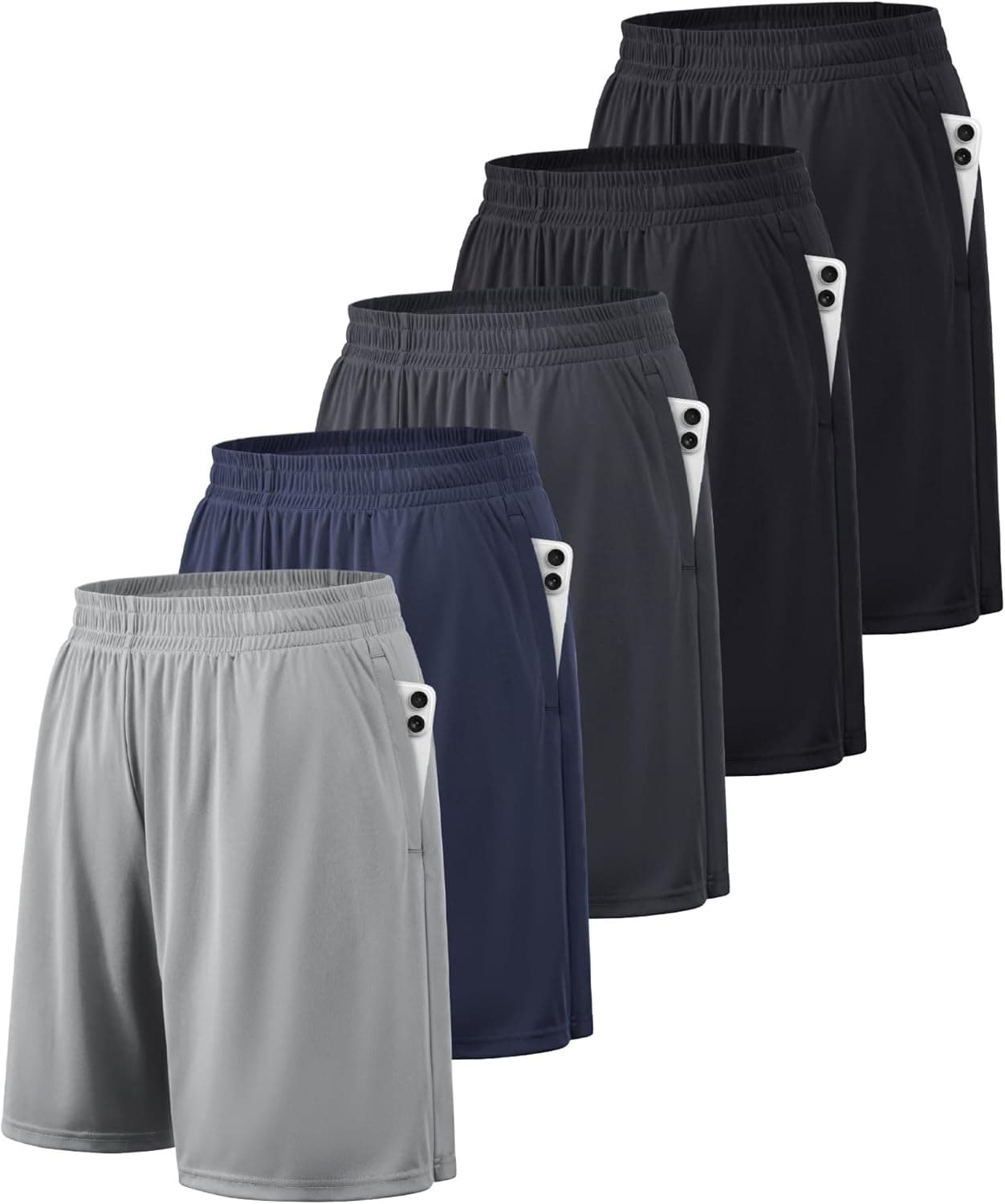 BALENNZ Athletic Shorts for Men with Pockets and Elastic Waistband Quick Dry Activewear Large 5 Pack Black, Black, Navy, Dark Grey, Light Grey - Image 2