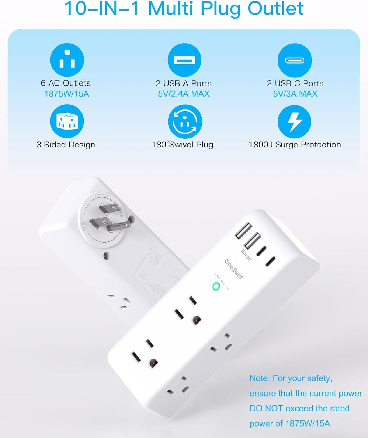 Surge Protector Outlet Extender - with Rotating Plug, 6 AC Multi Plug Outlet with 4 USB Ports (2 USB C), 1800J Wall Charger, 3-Sided Power Strip with Spaced Outlet Splitter for Home, Office, Travel 2C2A, 1 Pack White - Image 3