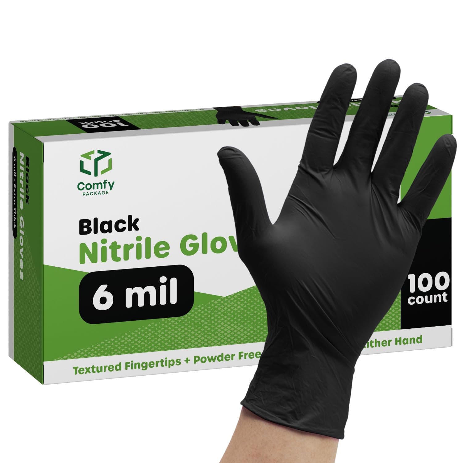 Comfy Package Black Nitrile HEAVY DUTY 6 Mil. Chemical Resistance, Latex & Powder Free, Textured Fingertips Disposable Gloves 100 Large