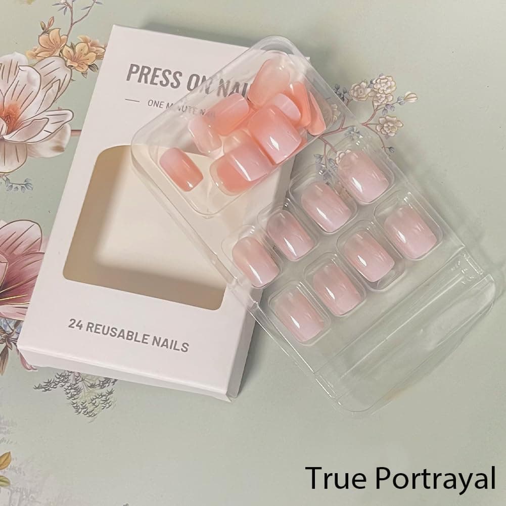 Nails Press ons,White Ombre Short Square Press on Nails Fake Nails Glossy Acrylic Artificial Nails Stick on Nails for Women 24Pcs Multicolor - Image 4