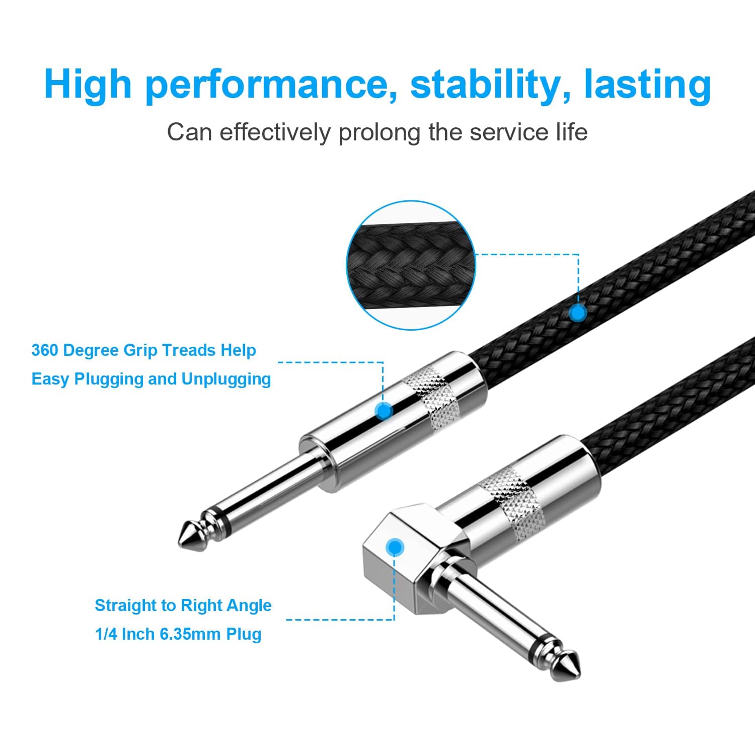 New Bee Guitar Cable 10ft Electric Instrument Bass AMP Cord for Electric Mandolin, Pro Audio (Right Angle to Straight, Black) 10FT Right - Image 5