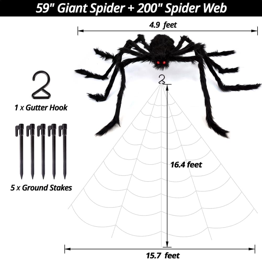 OCATO 200" Halloween Spider Web + 59" Giant Spider Decorations Fake Spiders with Triangular Huge Spiders Web for Indoor Outdoor Halloween Decorations Yard Home Costumes Parties Haunted House Décor 1-Original - Image 8