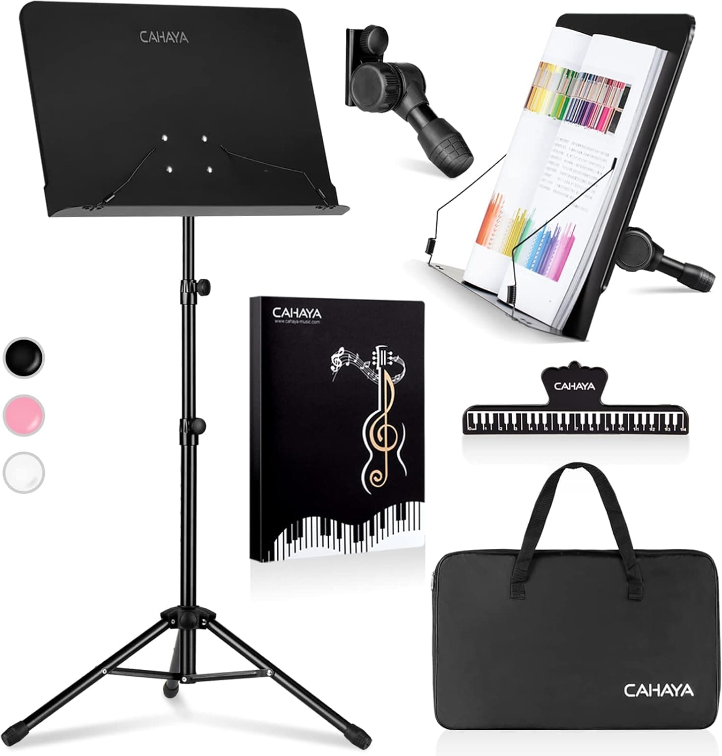 CAHAYA Music Stand for Sheet Music - Dual-use Converts to Desktop Stand Portable& Foldable 31.4-57in Height Adjustable Sturdy to Holds Thick Book or Tablet Include Carrying Bag Sheet Music Folder Clip Standard Version Black - Image 2