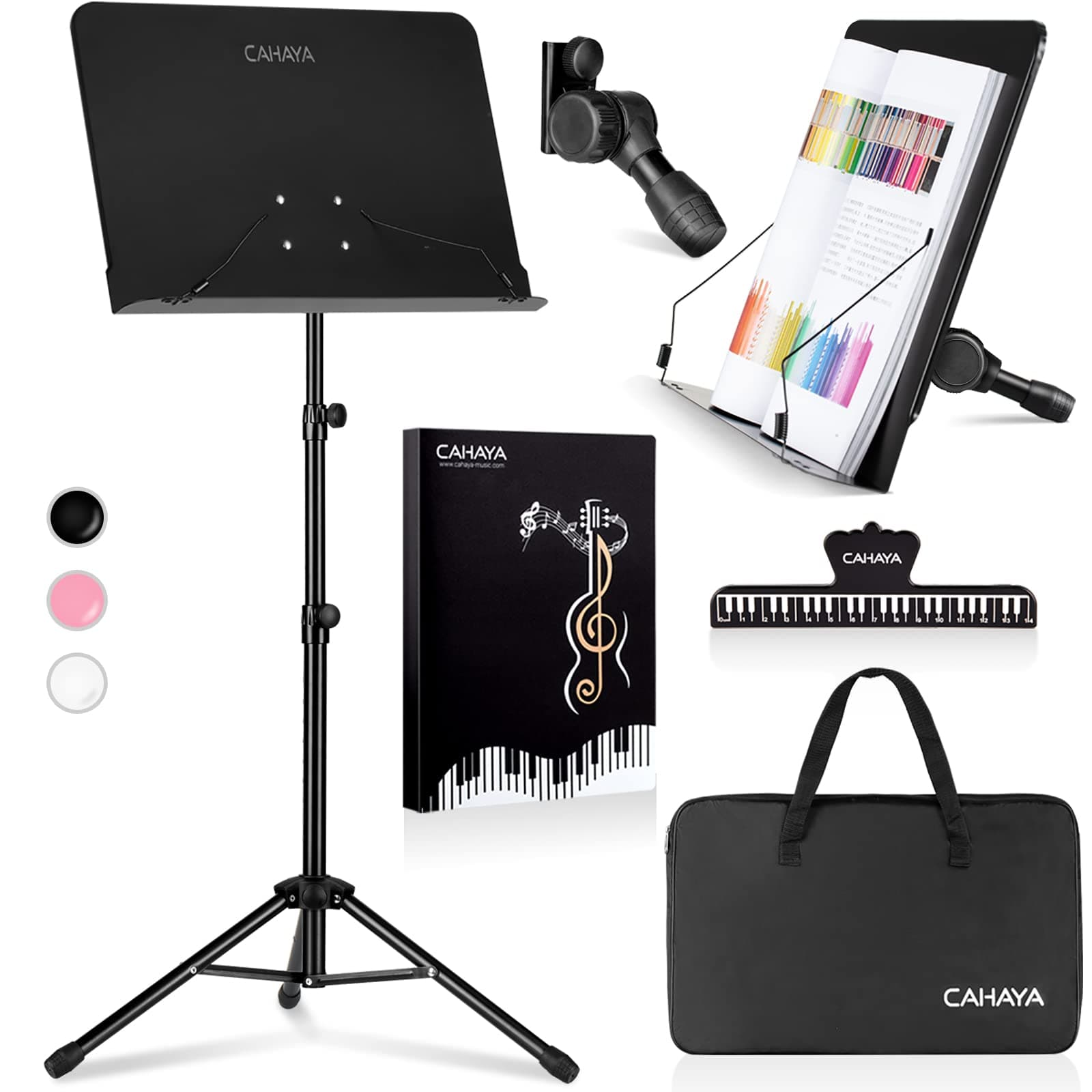 CAHAYA Music Stand for Sheet Music - Dual-use Converts to Desktop Stand Portable& Foldable 31.4-57in Height Adjustable Sturdy to Holds Thick Book or Tablet Include Carrying Bag Sheet Music Folder Clip Standard Version Black