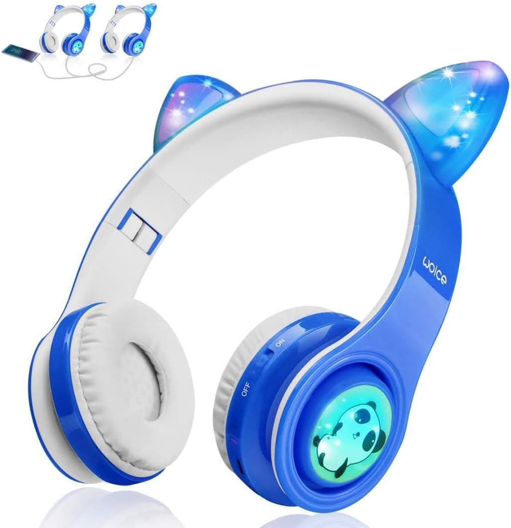 Woice Wireless Bluetooth Kids Headphones, LED Flashing Lights, Music Sharing Function, 85db Volume Limited, Over-Ear and Build-in Mic Wireless/Wired Children Headphones for Boys Girls (Blue) - Image 2