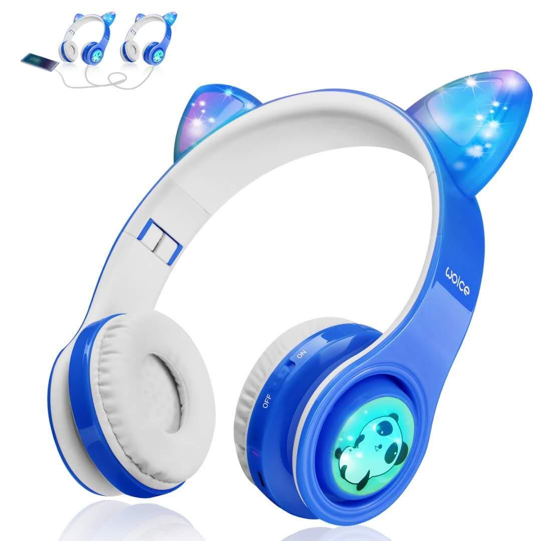 Woice Wireless Bluetooth Kids Headphones, LED Flashing Lights, Music Sharing Function, 85db Volume Limited, Over-Ear and Build-in Mic Wireless/Wired Children Headphones for Boys Girls (Blue)
