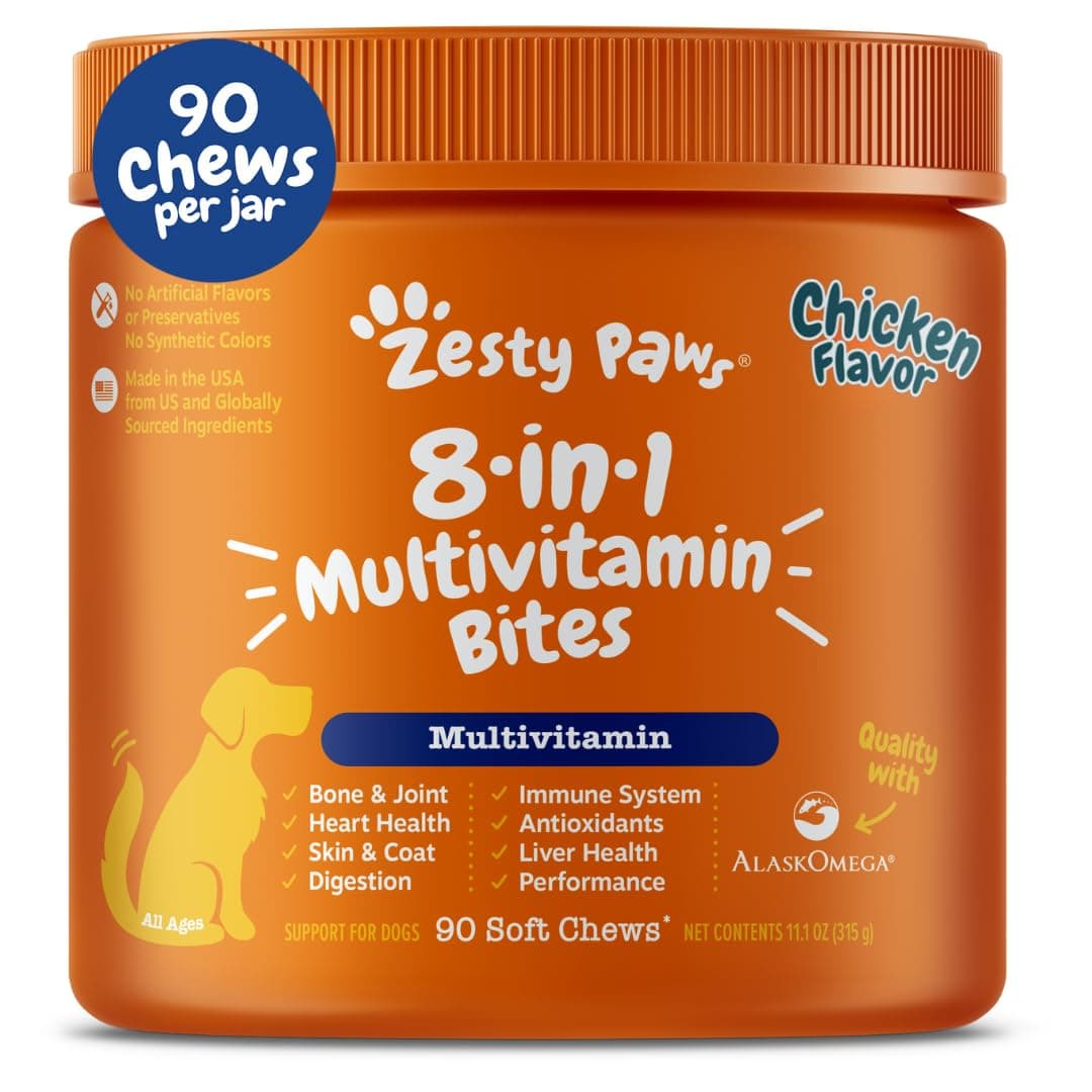 Zesty Paws Dog Multivitamin, Chewable Dog Vitamins and Supplements for Hip & Joints, Skin & Coat, Omega 3 Fish Oil for Dogs- Senior & Puppy Multivitamin- Chicken- 90ct Chicken 90 Count (Pack of 1)