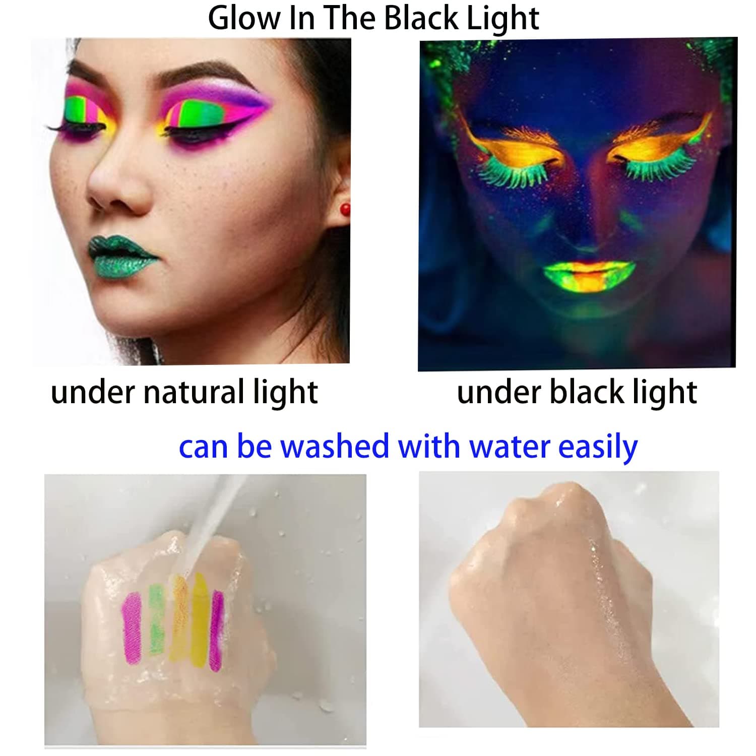 12 PCS Glow Face Body Paint, Glow In The Dark Under UV Black Light Sticks Makeup Neon Face Painting Kits para sa Adult Halloween Festival Accessory Glow Party Supplies - Image 7