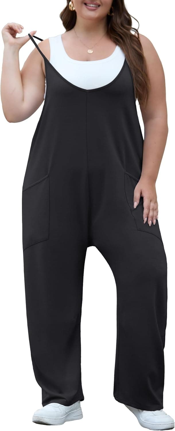 OLRIK Womens Plus Size Jumpsuit Adjustable Strap Stretchy Overalls Loose Fit Romper Fall Outfits with Pockets Black 3X - Image 6
