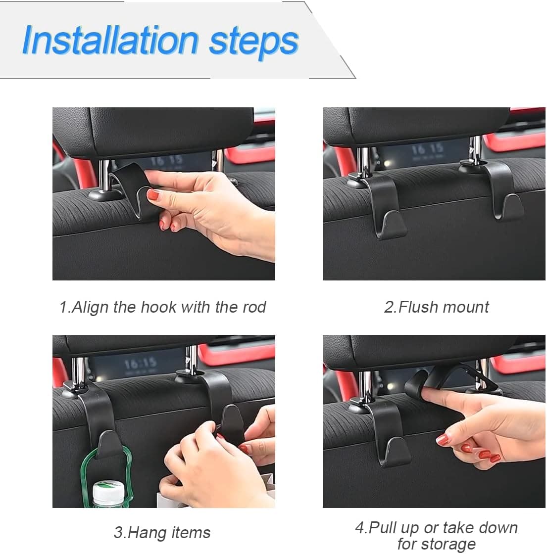 Car Back Seat Headrest Hooks, 4 Pack Black Stylish Back Seat Hanger for Car Handbag Clothes Coats Grocery Bags, Car Interior Accessories (Black2) - Image 4