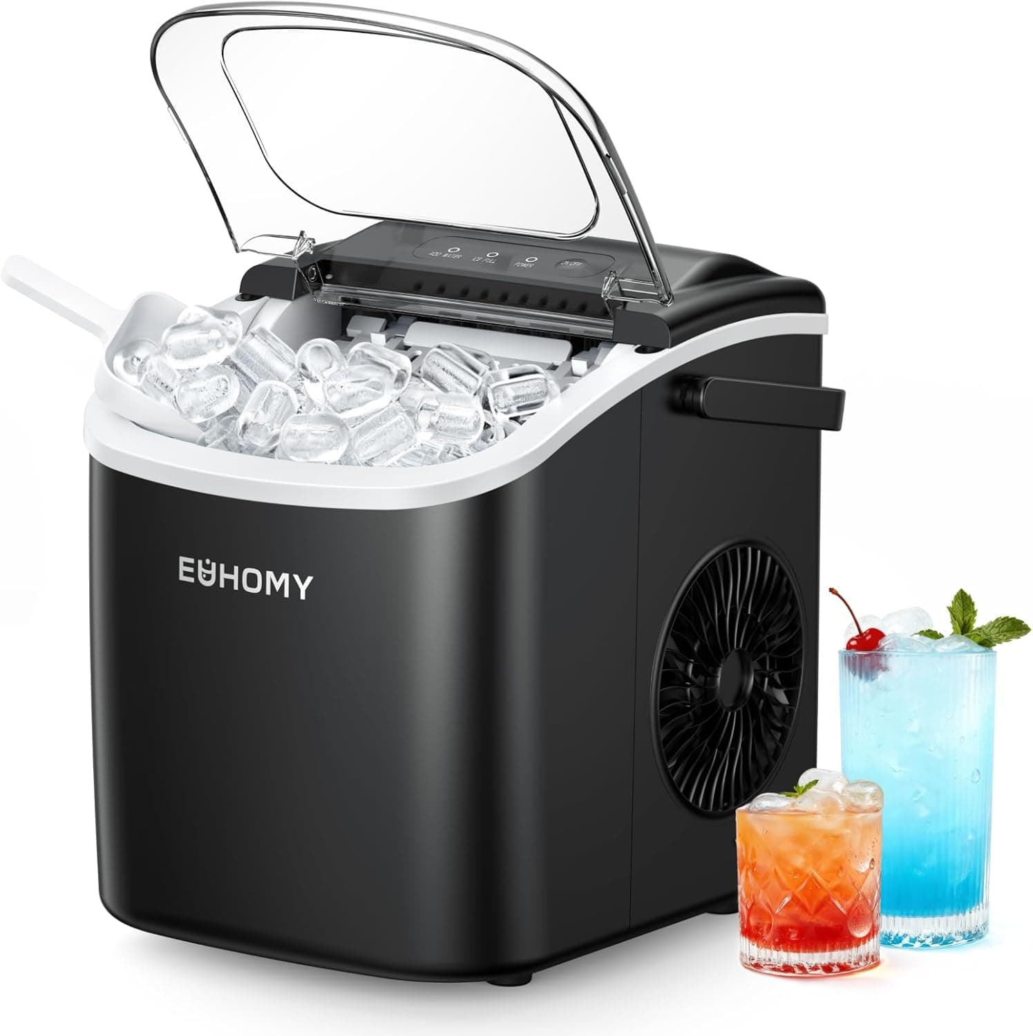 EUHOMY Countertop Ice Maker Machine with Handle, 26lbs in 24Hrs, 9 Ice Cubes Ready in 6 Mins, Auto-Cleaning Portable Ice Maker with Basket and Scoop, for Home/Kitchen/Camping/RV. (Black) ICE MACHINE 11.57"D x 11.42"W x 8.74"H Black - Image 2