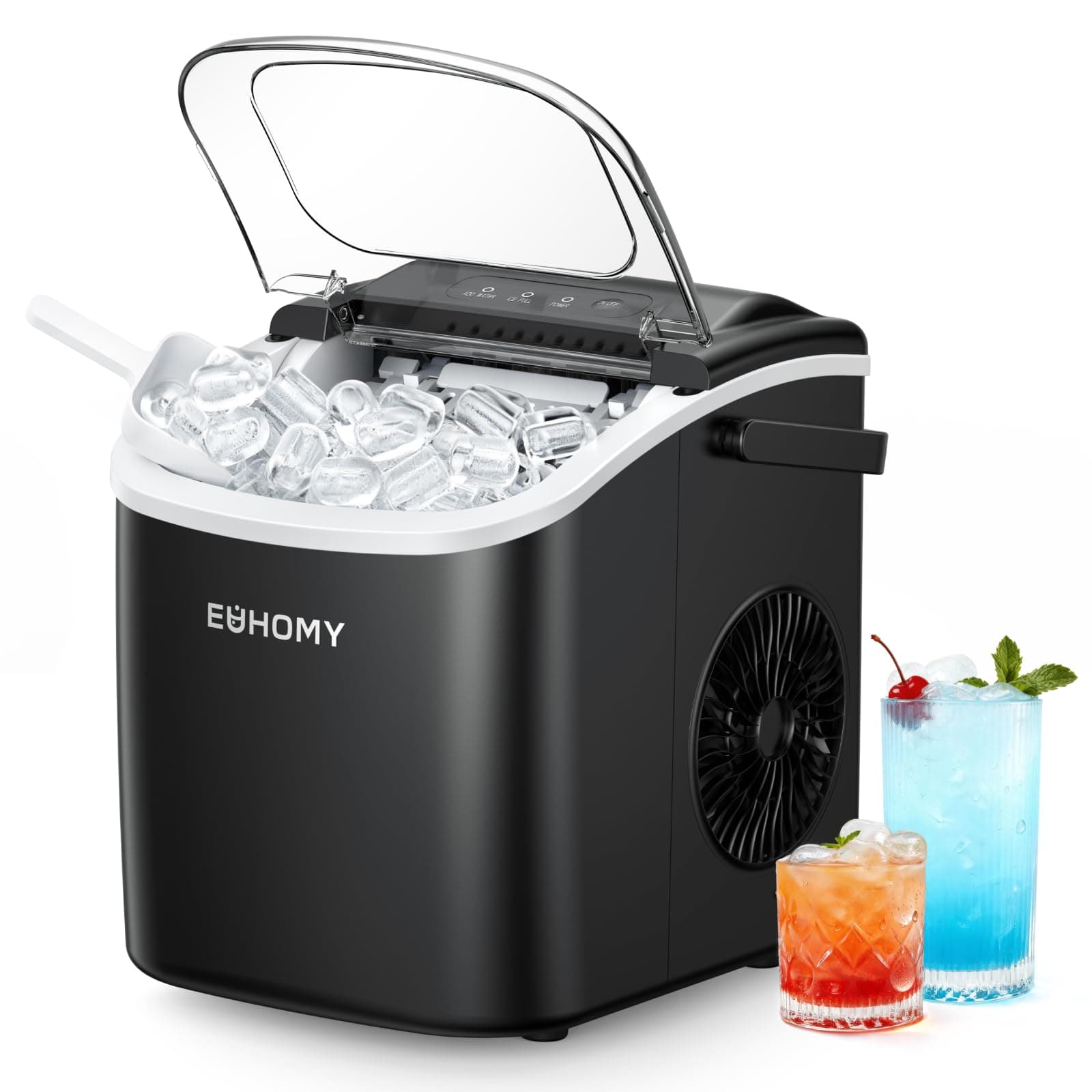 EUHOMY Countertop Ice Maker Machine with Handle, 26lbs in 24Hrs, 9 Ice Cubes Ready in 6 Mins, Auto-Cleaning Portable Ice Maker with Basket and Scoop, for Home/Kitchen/Camping/RV. (Black) ICE MACHINE 11.57"D x 11.42"W x 8.74"H Black