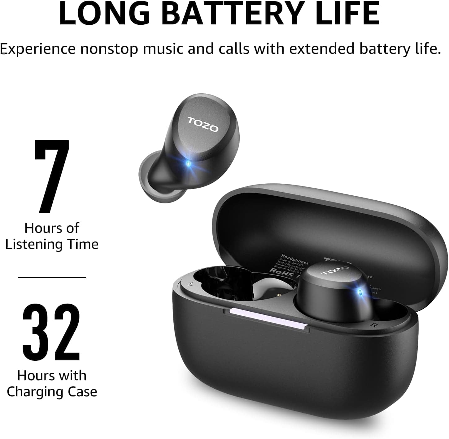 TOZO A1 Wireless Earbuds Bluetooth 5.3 Light Weight in Ear IPX5 Waterproof Headphones 2 Mic for AI Calls, Immersive Premium Sound Bass Headset with Charging Case, 32 Presets EQ Customization via App Black Small Classical Edition - Image 6