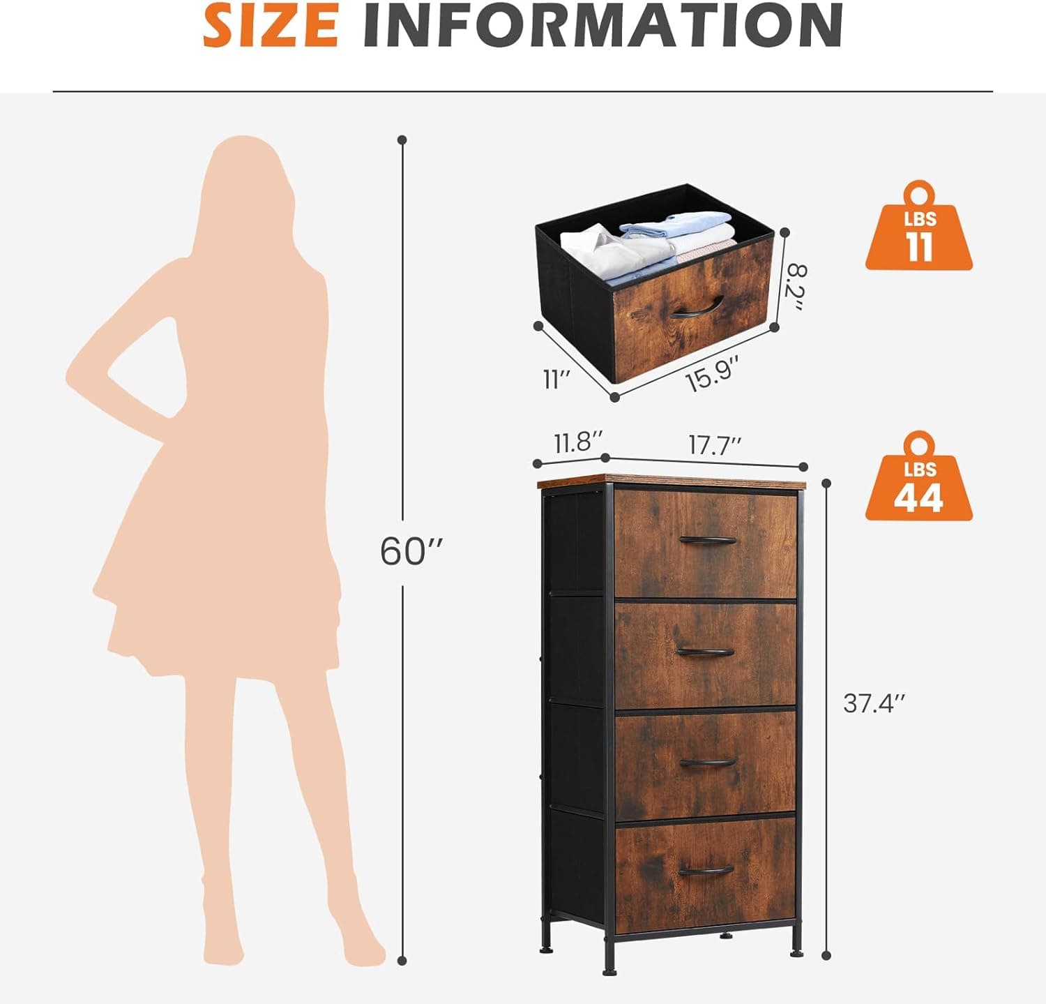 Sweetcrispy 4 Drawer Dresser, Fabric Storage Tower Organizer with Sturdy Steel Frame and Wood Top, Easy Pull Handles, for Bedroom, Closet, Entryway, Hallway, Brown Brown 17.7"D x 11.8"W x 37"H (4 Drawers) - Image 4