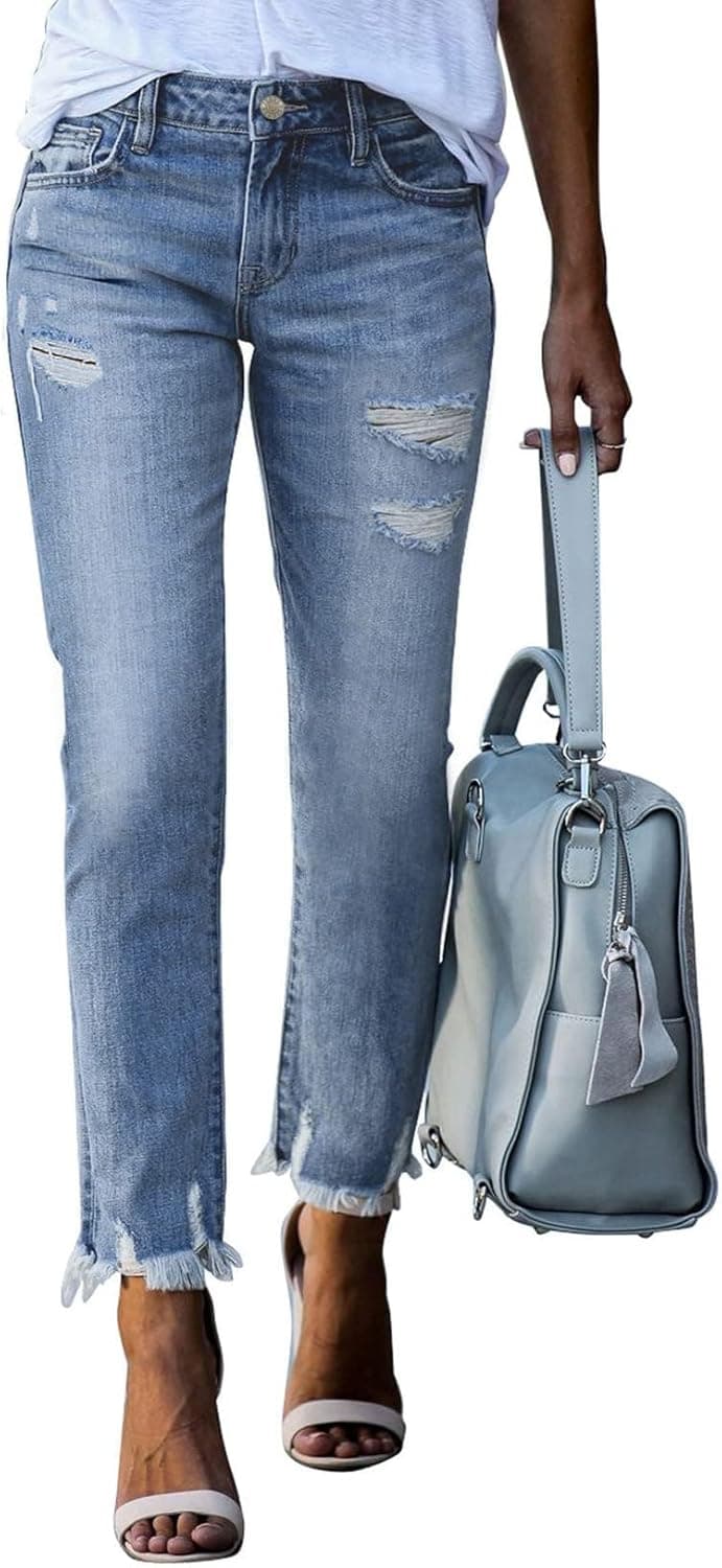 EVALESS Womens Jeans High Waisted Stretchy Ripped Distressed Tummy Control Straight Ankle Jean for Women Trendy 2025 8 Sky Blue - Image 2