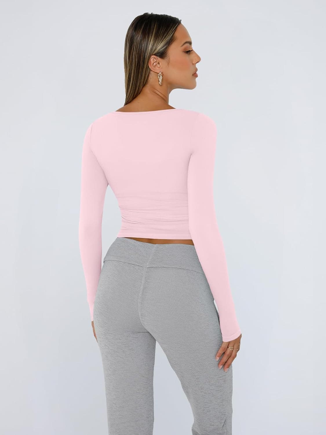 Trendy Queen Womens Long Sleeve Shirts Crop Tops Fall Fashion 2025 Square Neck Going Out Basics Tees Y2k Clothes Small Pink - Image 5