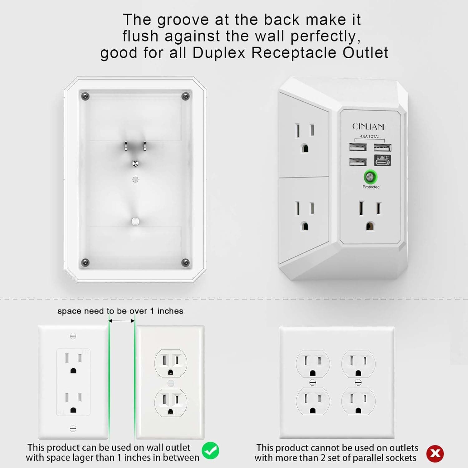 Wall Charger, Surge Protector, QINLIANF 5 Outlet Extender with 4 USB Charging Ports (4.8A Total) 3-Sided 1680J Power Strip Multi Plug Adapter Spaced for Home Travel Office (3U1C) 3U1C White - Image 4