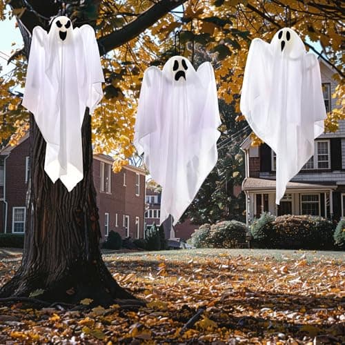 JOYIN 3 Pack Halloween Party Decoration 27.5" Hanging Ghosts, Cute Flying Ghost for Front Yard Patio Lawn Garden Party Décor and Holiday Decorations - Image 6
