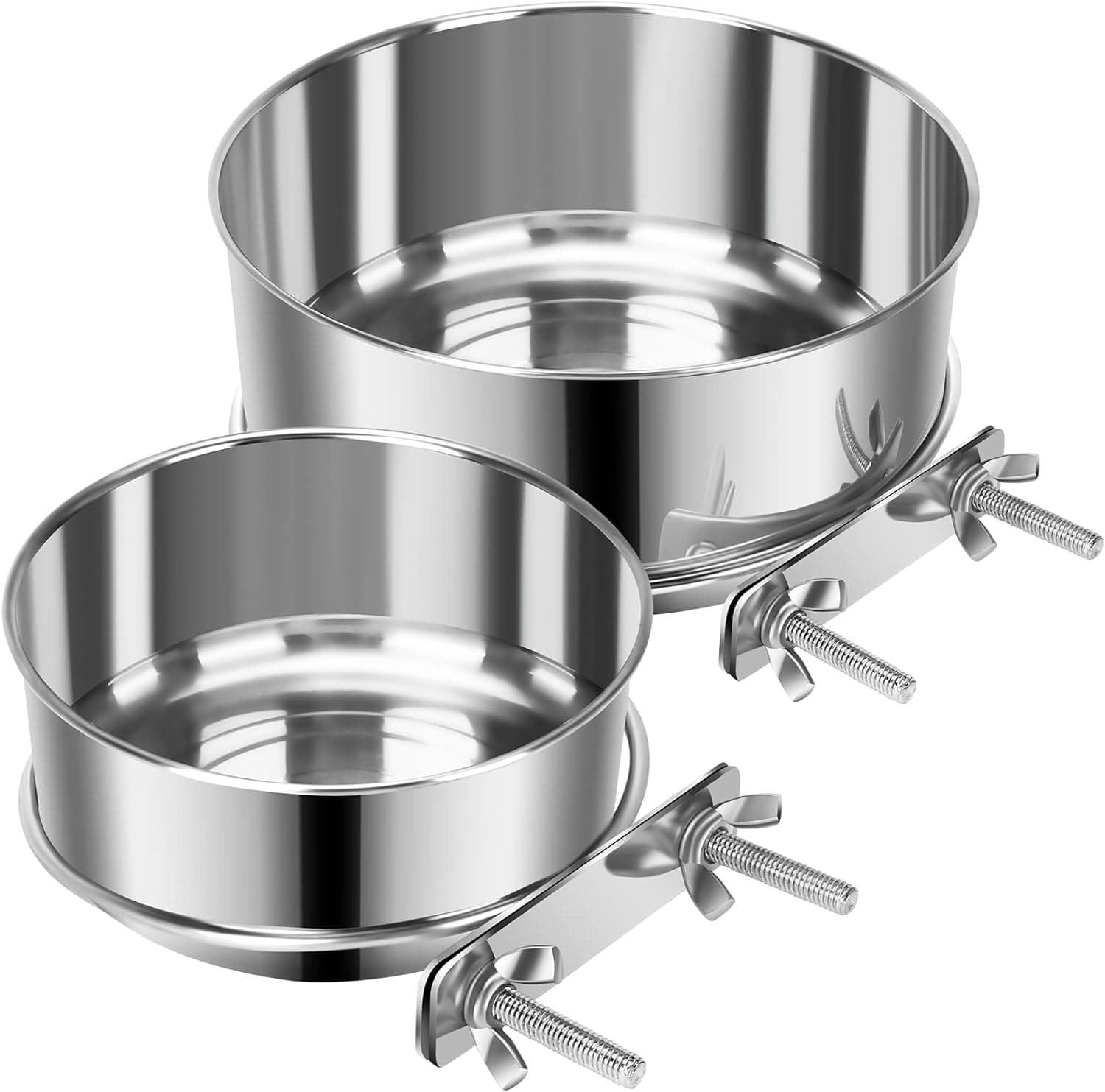 2 Pcs Small Pet Dog Food Water Bowl for Cage Stainless Steel Non-Spill Kennel Hanging Cats Pets Bowls with Clamp Holder Crate Feeder Dish for Small Dogs Pets (4.7x1.9'' & 3.9x1.7'') XS (19 & 12 OZ) Silver - Image 2
