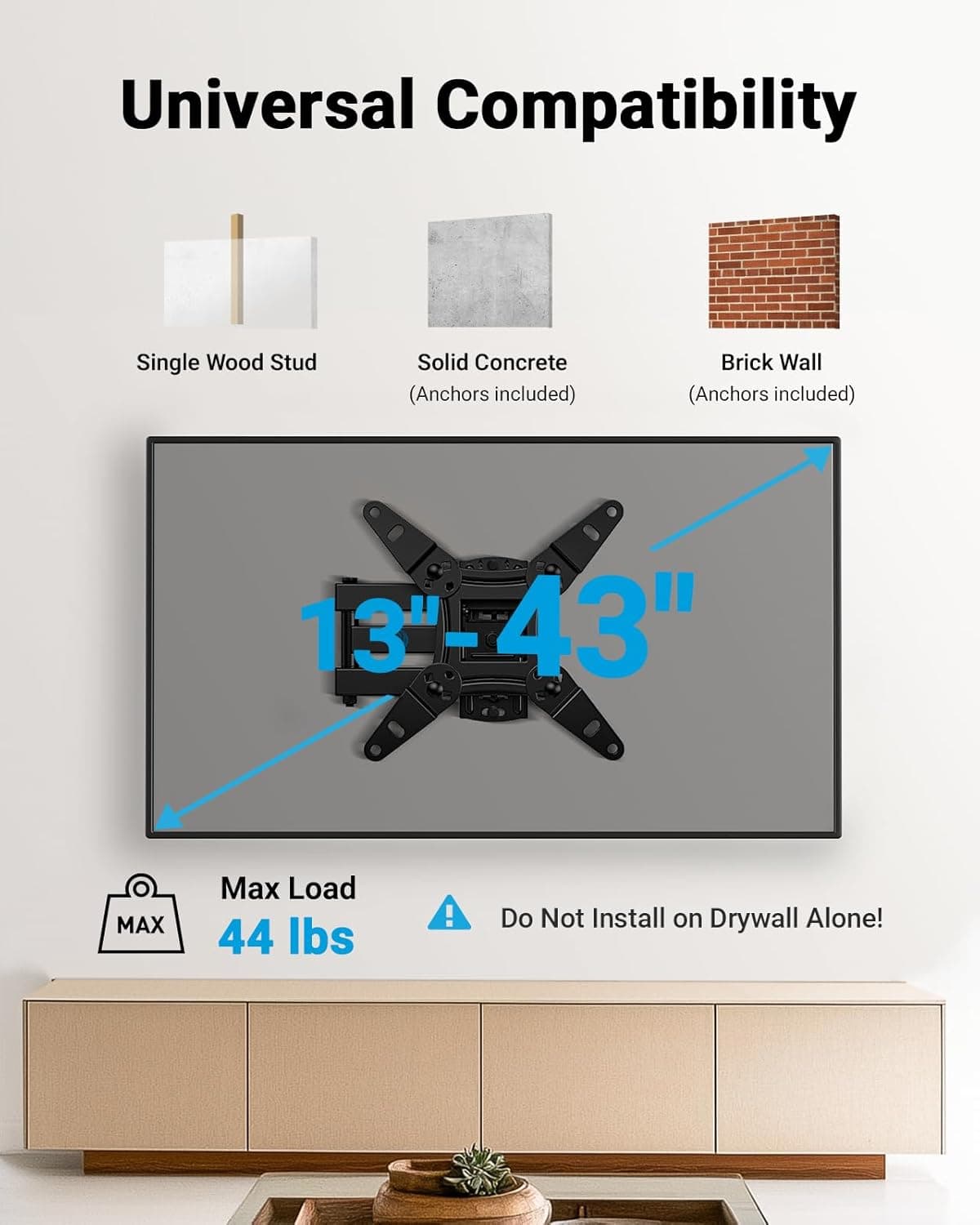 Soporte de Pared de Movimiento Completo Pipishell para Echo Show 21/15 y Televisores & Monitores de Pantalla Plana Curva de 13-43 Pulgadas, VESA Máx 200x200mm hasta 44lbs, Soporte de Pared para TV con Rotación, Inclinación y Extensión para TV de 13-43 Pulgadas sin LED - Image 2