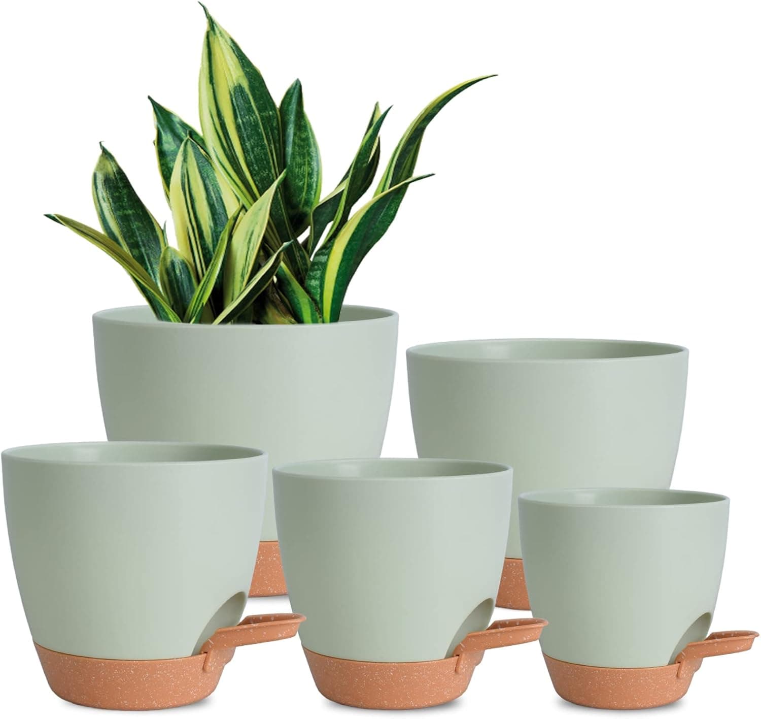 Plant Pots Indoor 7/6.5/6/5.5/5 Inch Self Watering Planters for Indoor Plants with Drainage Hole, Plastic Flower Pots for Succulents, African Violet (Green) Green-5pack 7/6.5/6/5.5/5 inch - Image 2