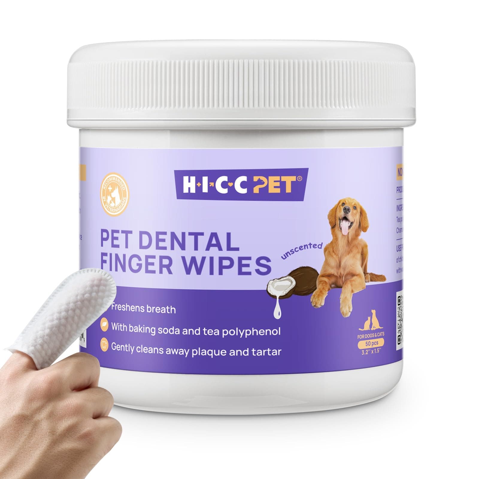 HICC Pet Teeth Cleaning Wipes for Dogs & Cats, Vet-Recommended Remove Bad Breath & Plaque & Tartar Buildup, Dog Tooth Brushing Kit, Dog Breath Freshener, Dogs Toothbrush & Toothpaste Alternatives Unscented 50 Count (Pack of 1)