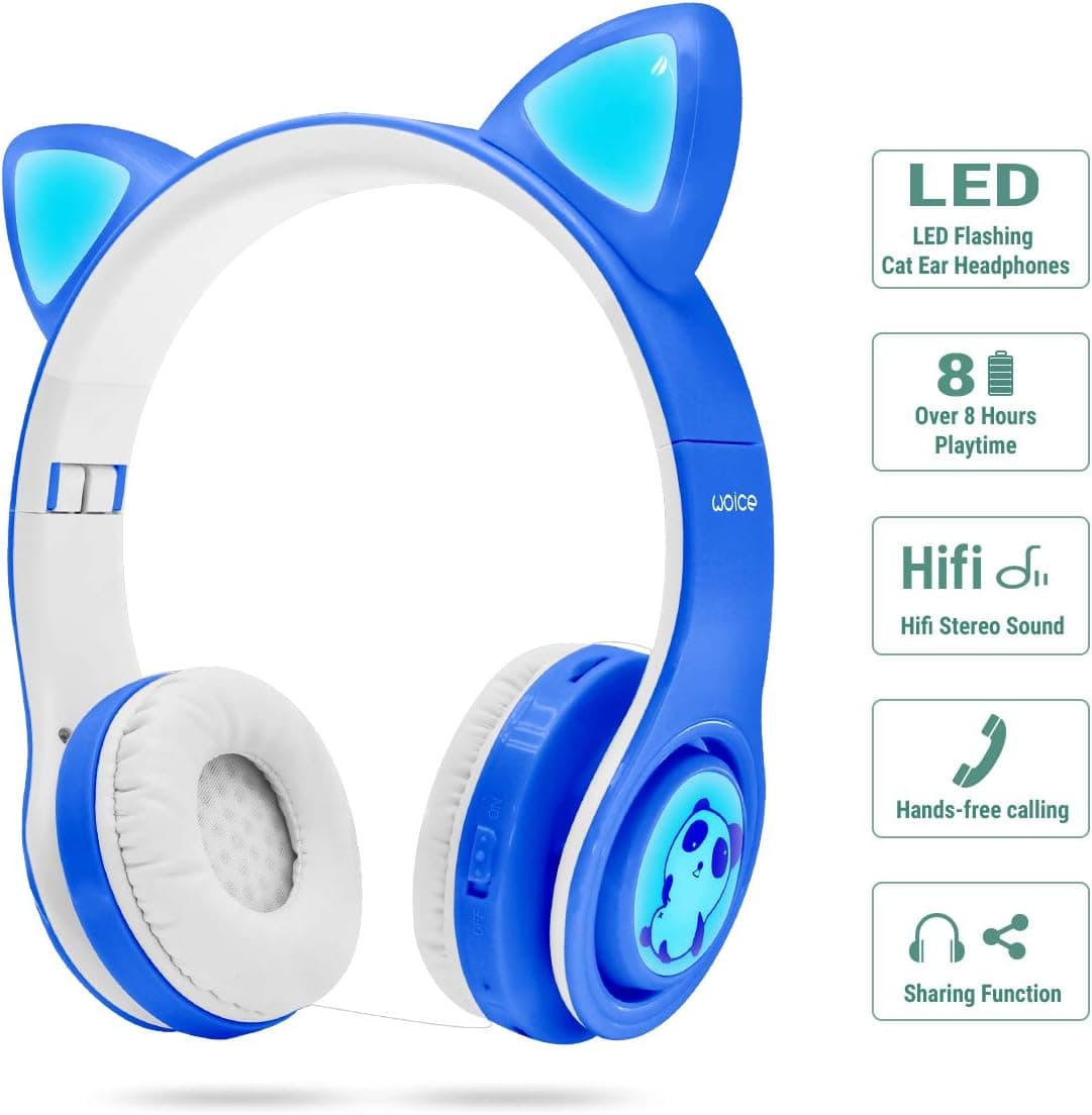 Woice Wireless Bluetooth Kids Headphones, LED Flashing Lights, Music Sharing Function, 85db Volume Limited, Over-Ear and Build-in Mic Wireless/Wired Children Headphones for Boys Girls (Blue) - Image 4