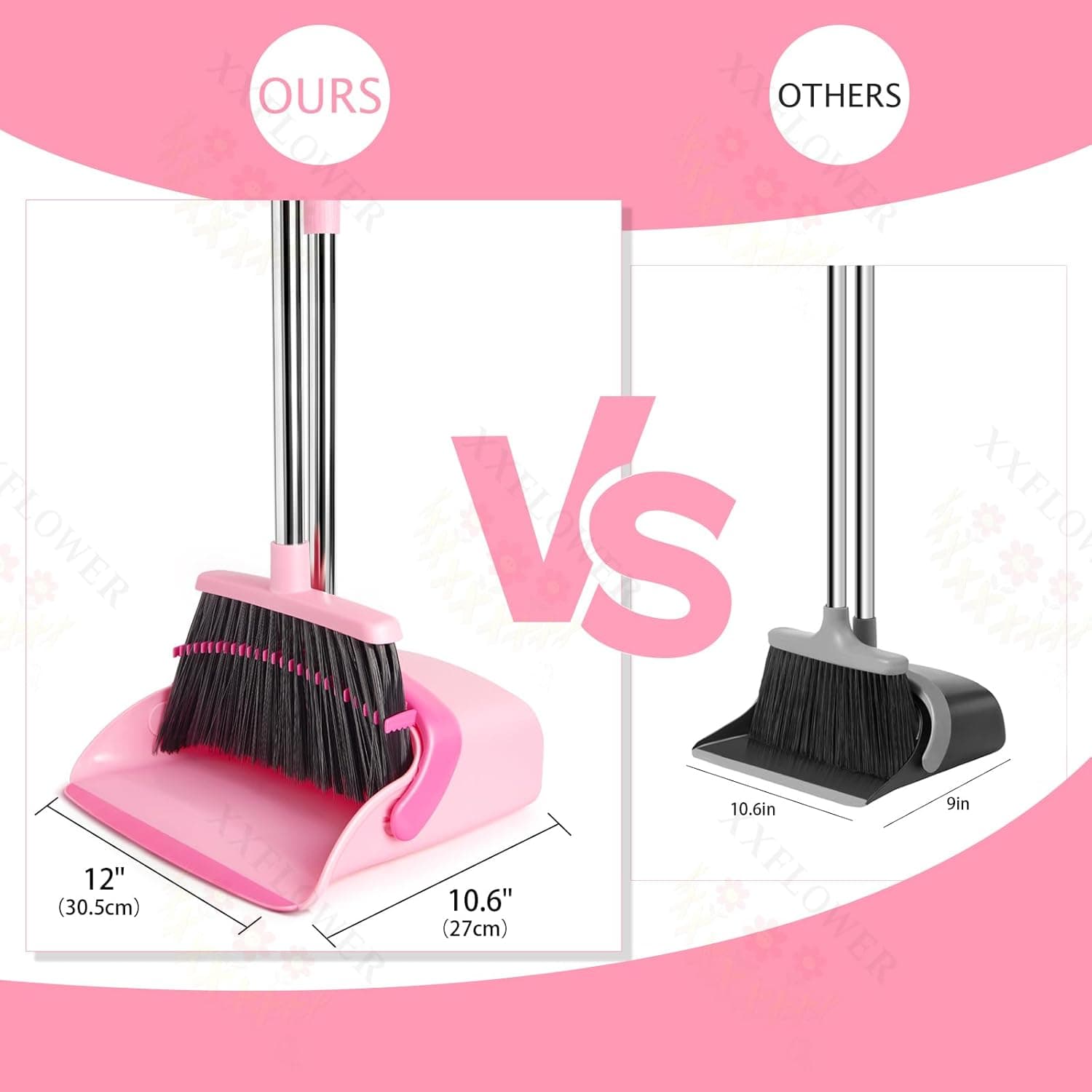 Broom and Dustpan Set, Dustpans with Broom Combo for Home, Heavy Dust Broom and Dustpan Combo, Long Handle Dust Pan and Broom Set for Kitchen, Office, Pet Hair,Pink, Pack of 1 - Image 2