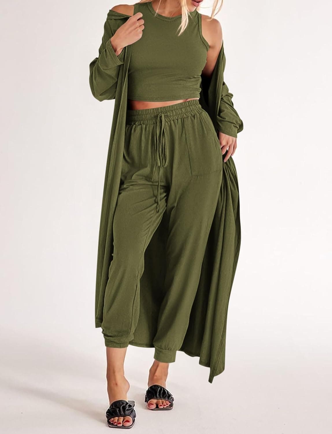 KIRUNDO 3 Piece Lounge Sets for Women Airplane Travel Outfits 2025 Fall Cardigan Sleeveless Top Pants Sets Matching Clothing Army Green X-Large - Image 4