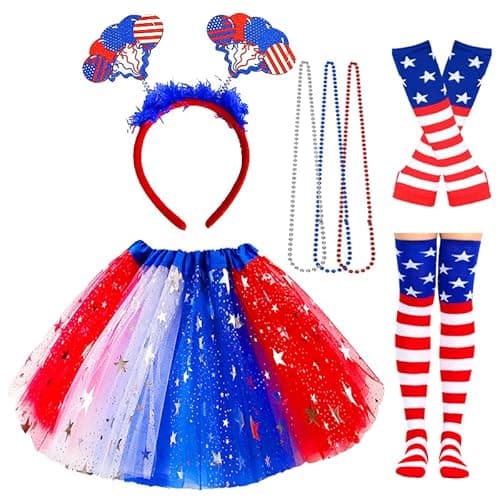Maazusa July 4 Poncho Costume Accessories, Adult Poncho, Women's American Layered Headdress, Layered Necklace, Stockings, Sleeves for Independence Day Woman Girl