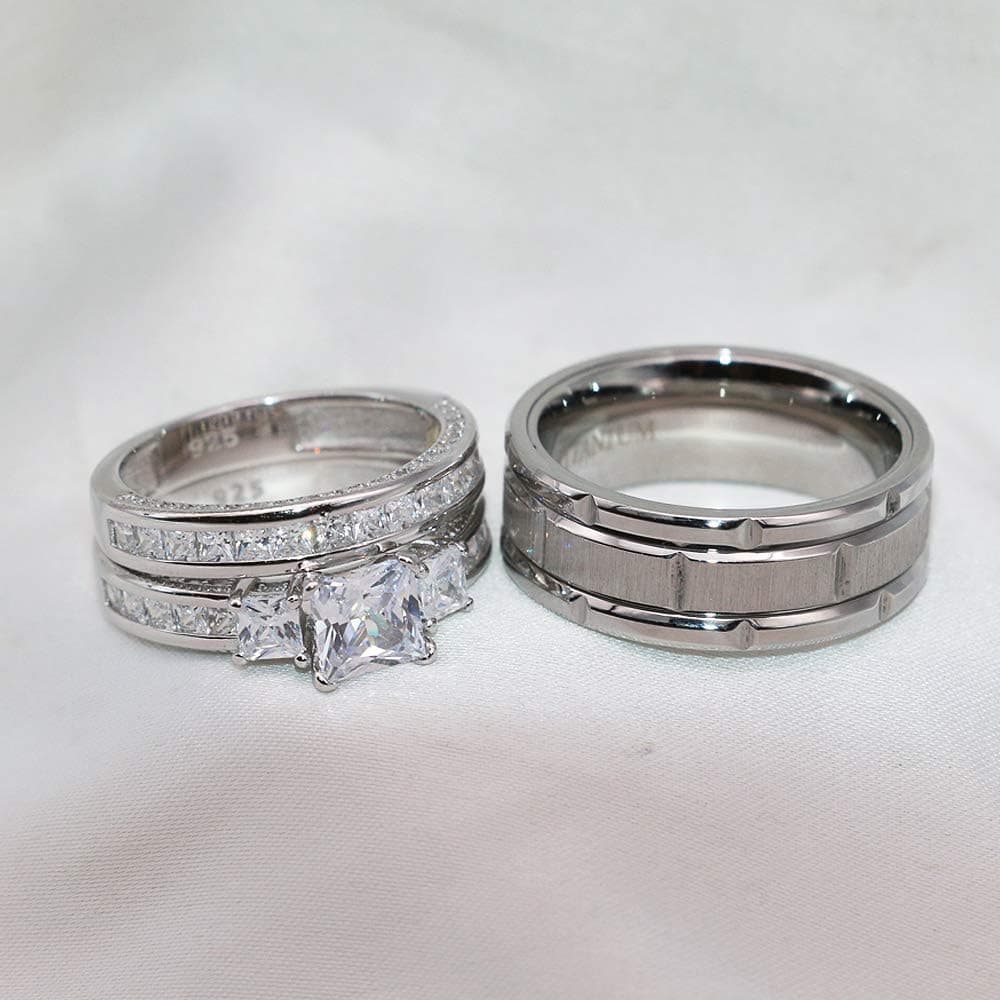 TWO RINGS Wedding Ring Sets His And Hers Promise Ring Couples Bridal Sets Women 925 Sterling Silver square Cz Man Stainless Steel Brushed Finished Wedding Bands White women's size 8 & men's size 11 - Image 4