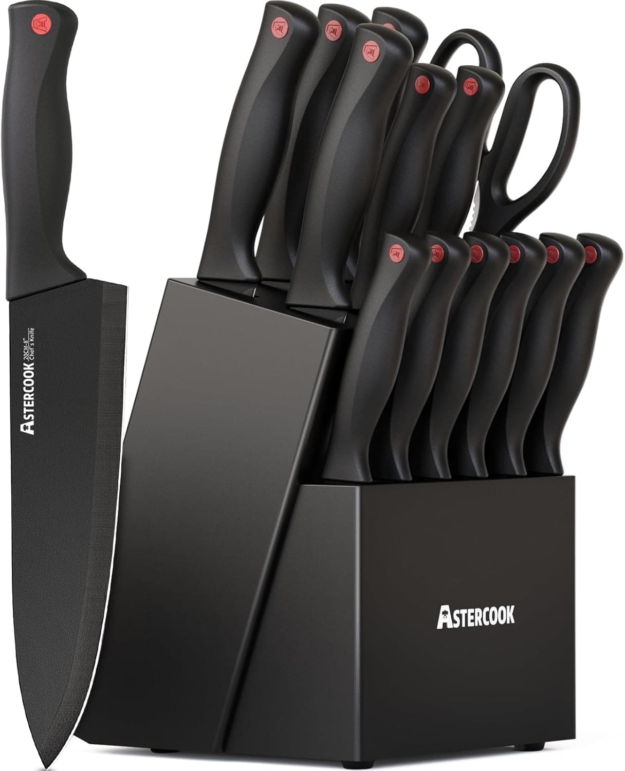 Astercook 15 Piece Knife Set with Sharpener Block - German Stainless Steel, Dishwasher Safe Kitchen Knives with Built-In Sharpener, Black - Image 2