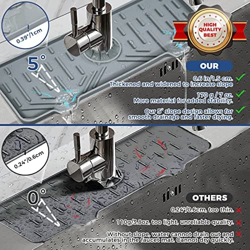 Silicone Faucet Handle Drip Catcher Tray Mat, Silicone Faucet Mat Dish Soap Sponge Holder for Kitchen Sink Accessories Gadgets, Drying Mat for Kitchen Counter Bathroom Kitchen Sink Splash Guard -Grey - Image 4