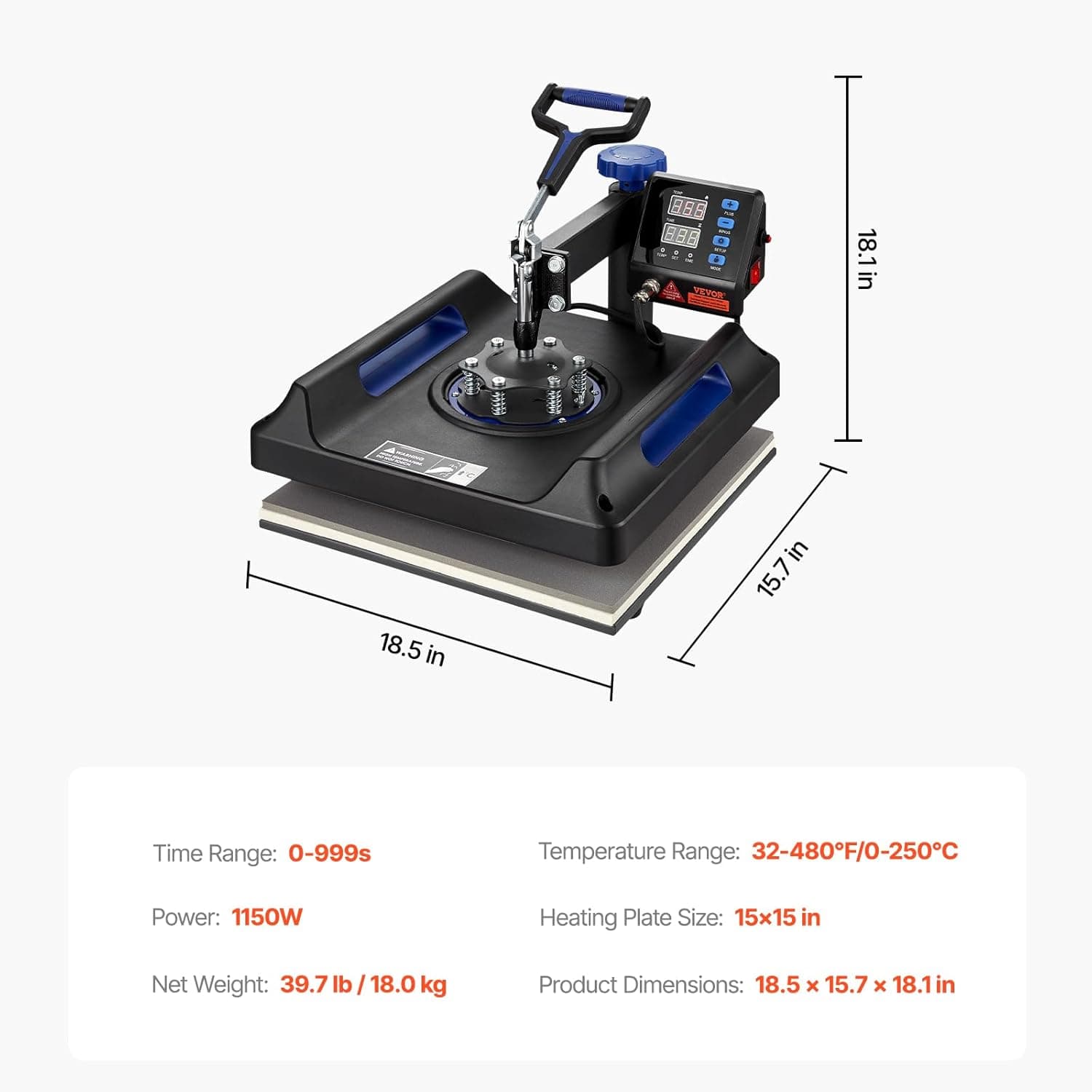 VEVOR 8 in 1 Heat Press Machine 15x15 Inch, 360° Swing Away Shirt Press Machine - Digital Professional Heat Transfer Tshirt Press Machine, Sublimation Heat Press for T Shirts Hat Cap Mug Plate Blue Blue Pro-15x15 - Image 9