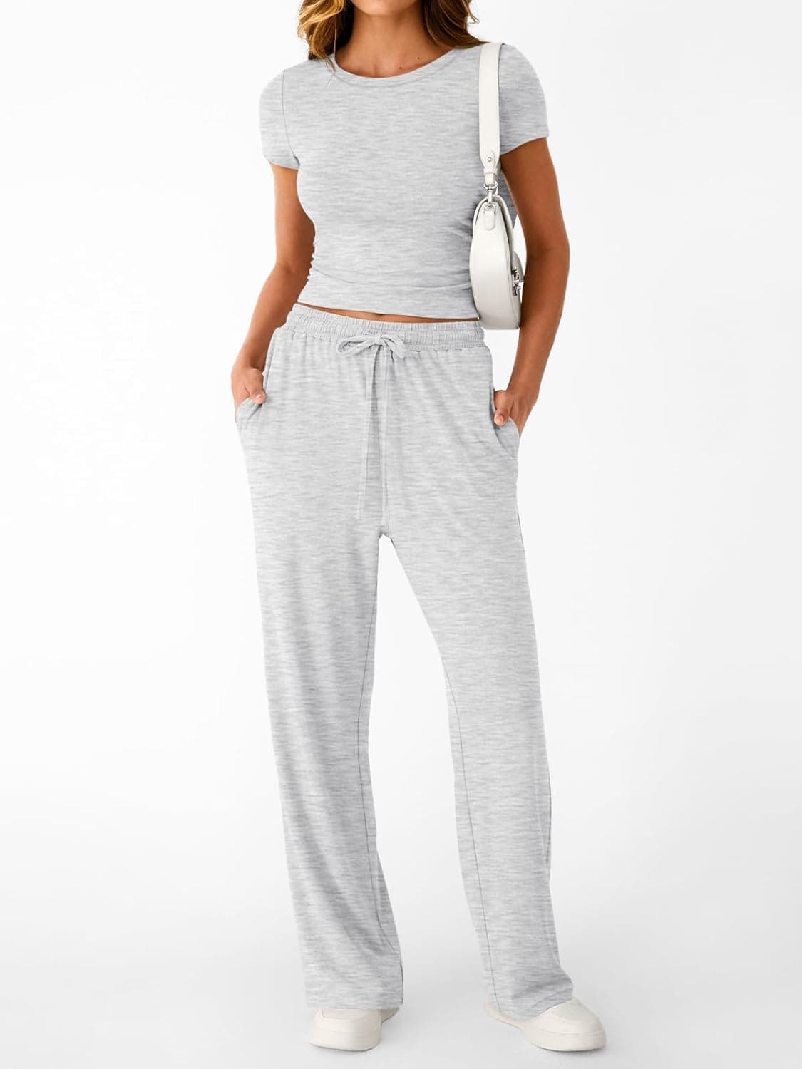 Trendy Queen 2 Piece Matching Summer Sweatsuit Lounge Set Womens Wide Leg Pants Side Ruching Crop Top Sets Oatmeal Grey Medium - Image 3