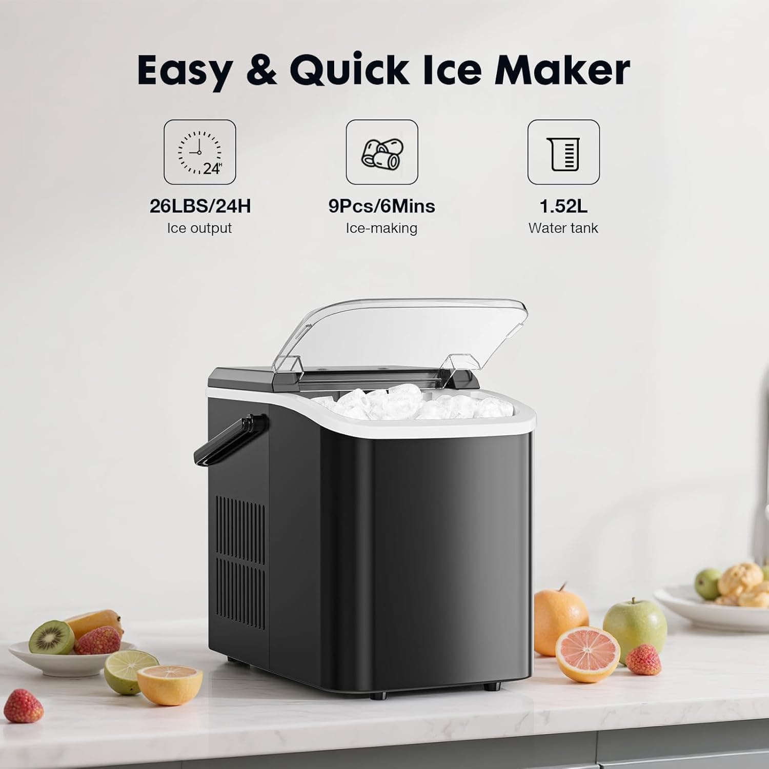 Sweetcrispy Countertop Ice Maker Machine, Portable Self-Cleaning Ice Machine with Ice Scoop, Basket and Handle, 9 Cubes in 6 Mins, 26.5lbs/24Hrs, 2 Sizes of Bullet Ice for Home Kitchen, Coal Black Black with Handle - Image 3