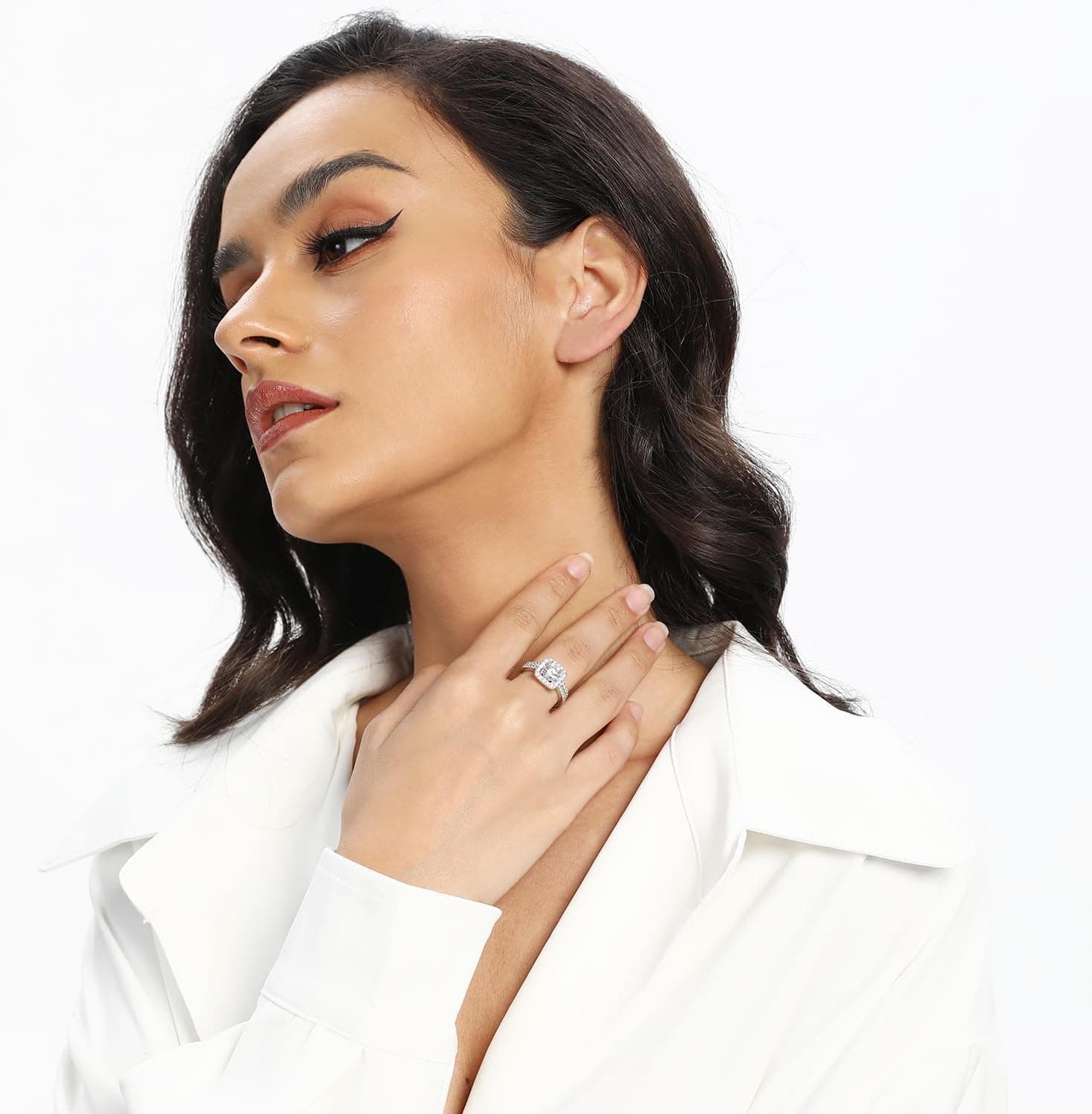 MDFUN 18K White Gold Plated Cubic Zirconia Two-in-One Halo Wedding Engagement Promise Eternity Ring for Women 7 - Image 3