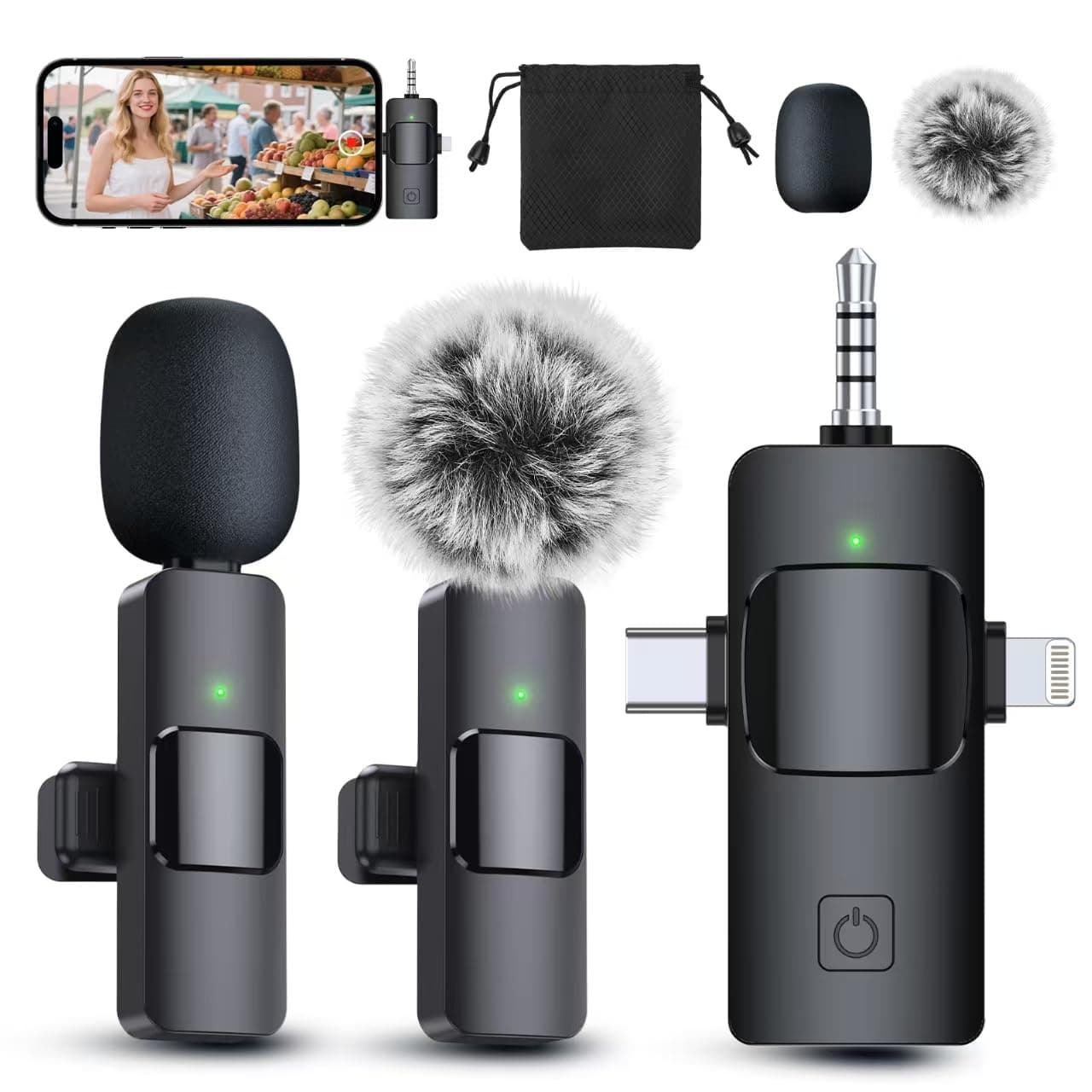 PQRQP 3 in 1 Professional Wireless Lavalier Microphone for iPhone, Android, Camera, Wireless Microphones, Mini Microphone, Crystal Clear Sound Quality for Recording, Live Streaming, Microphone Clips Elegant Black