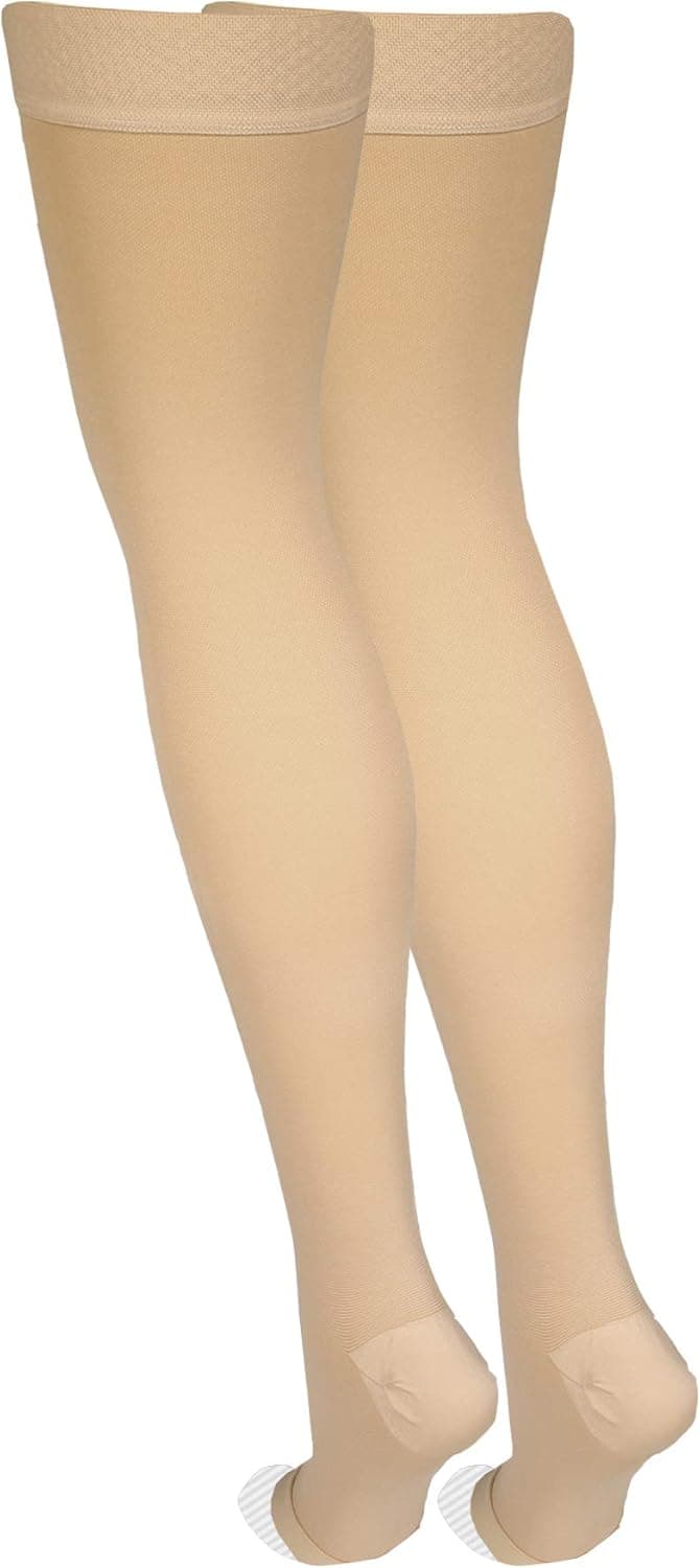 Amazon Basic Care Medical Compression Stockings, 20-30 mmHg Support, Women & Men Thigh Length Hose, Open Toe, Beige, Medium (Previously NuVein) - Image 6