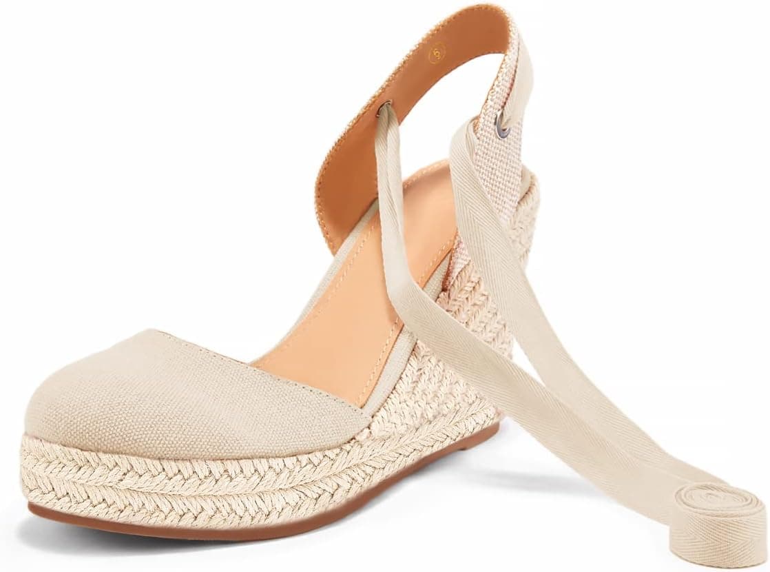 Ermonn Womens Espadrilles Wedge Sandals Platform Closed Toe Ankle Strap Lace Up Summer Shoes 9.5 Nude - Image 8