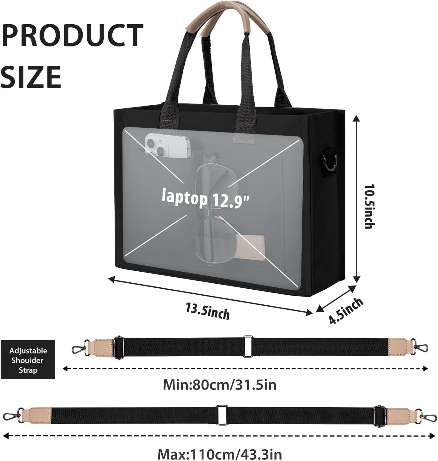 Bolsa de Lona para Mujeres Bandolera de Trabajo con Bolsillos, Bolso de Mano, Satchel para Viajar, Enfermera, Maestra, Negro - Image 4